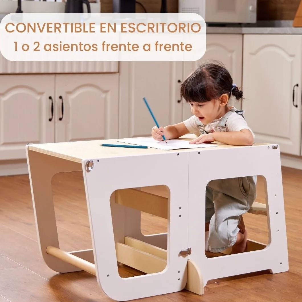 Torre de Aprendizaje Montessori para Niños Convertible en Escritorio – Torre de Observación de Madera para Niños de 12 Meses a 6 Años (Madera Natural)