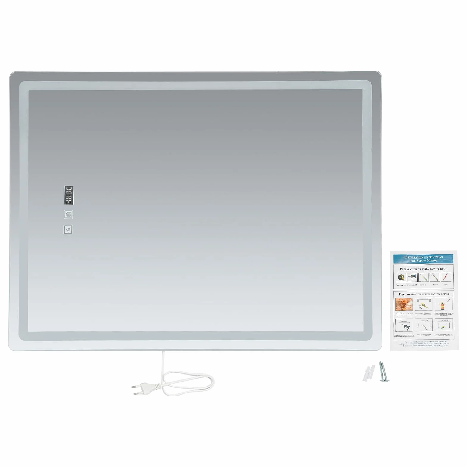 Espejo de Baño LED 60 x 80 cm, IP54, con Luz Regulable, Anti-Niebla, Display de Temperatura y Hora, Memoria de Ajustes Favoritos