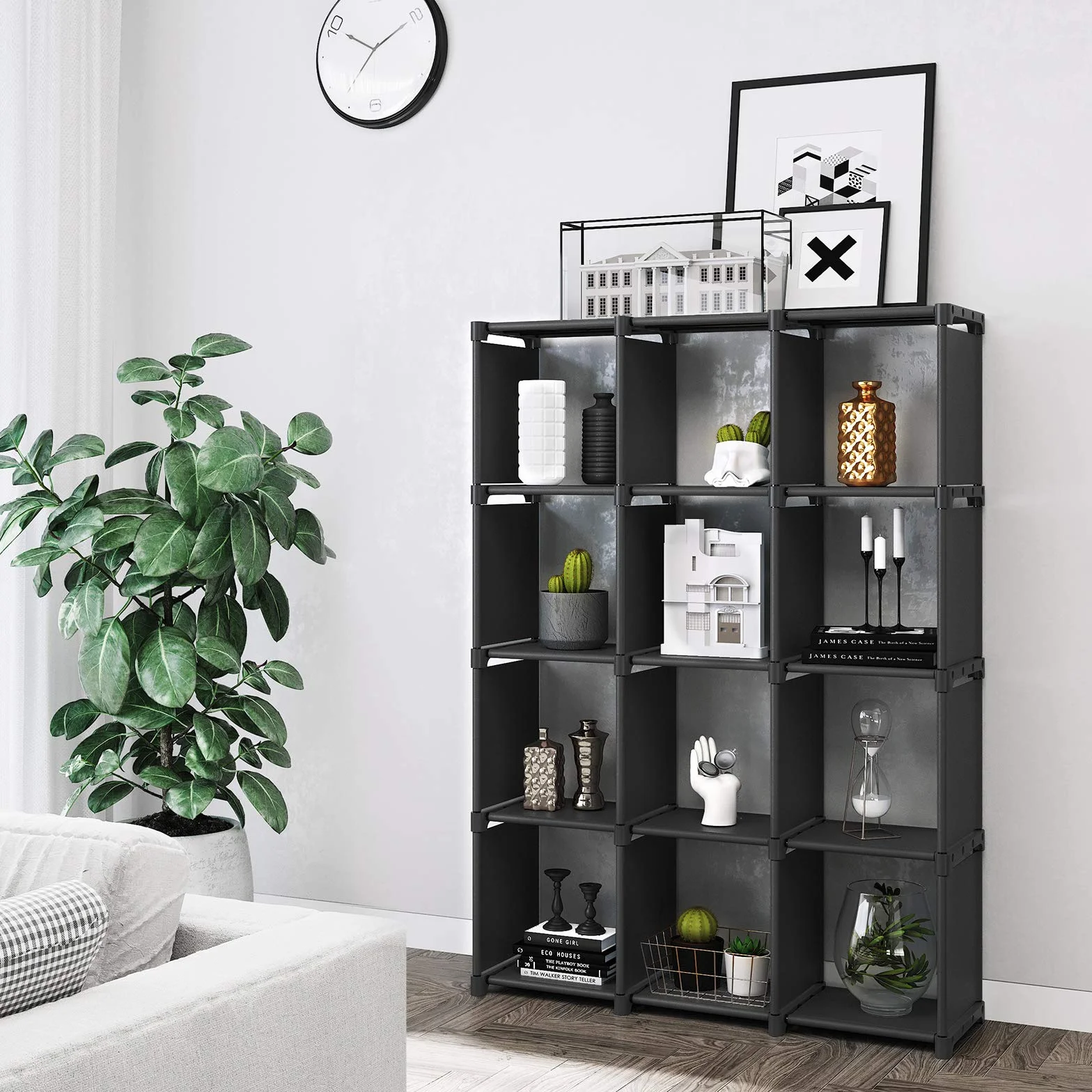 SONGMICS Estantería Modular 12 Cubos, Librería Abierta, Armario Almacenaje Negro LSN12BK