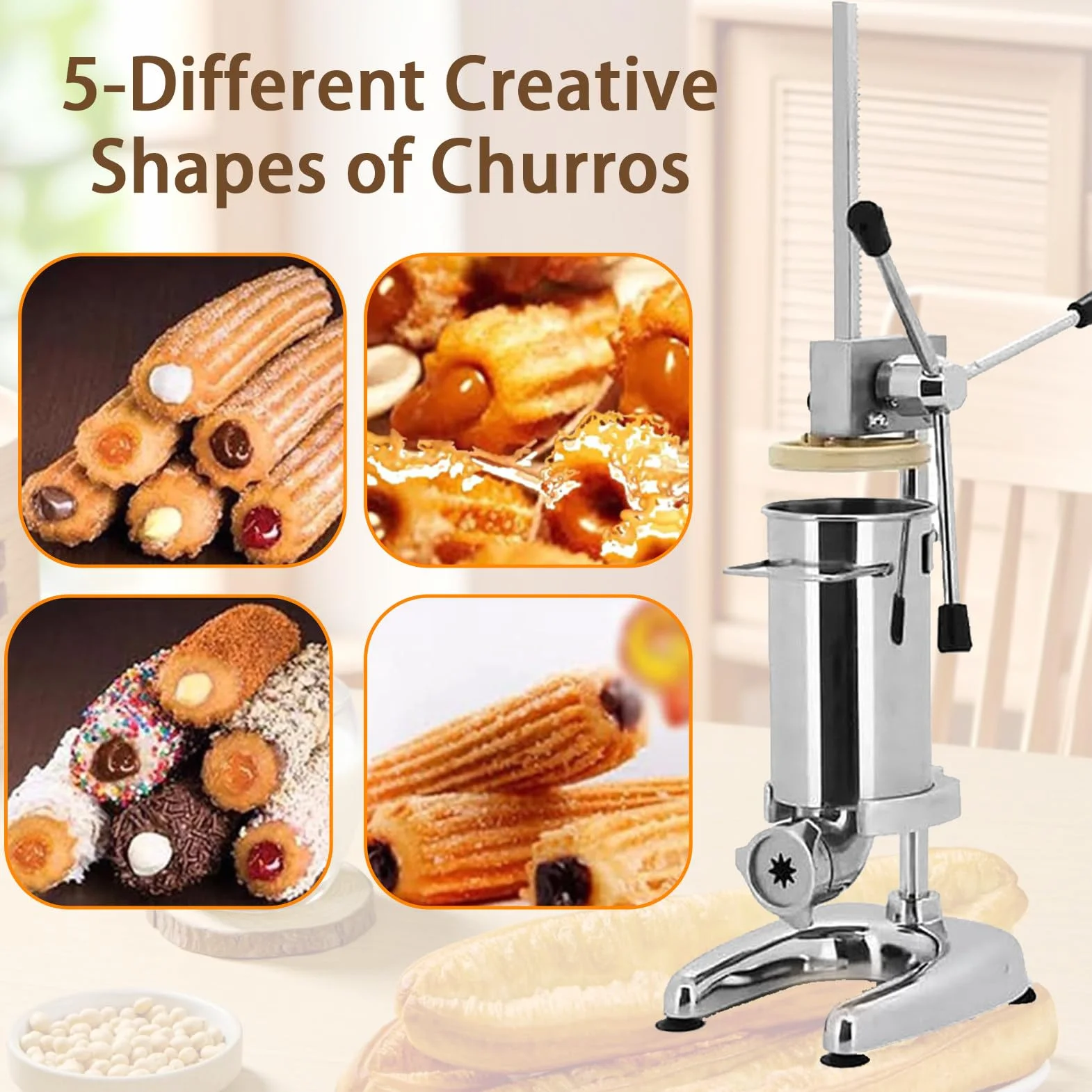 MáQuina para Hacer Churros Manual, MáQuina para Hacer Rellenos De Churros, MáQuina para Hacer Churros De Rosquillas EspañOlas Manual Comercial De 2 L, 5 Tipos De Moldes 3L