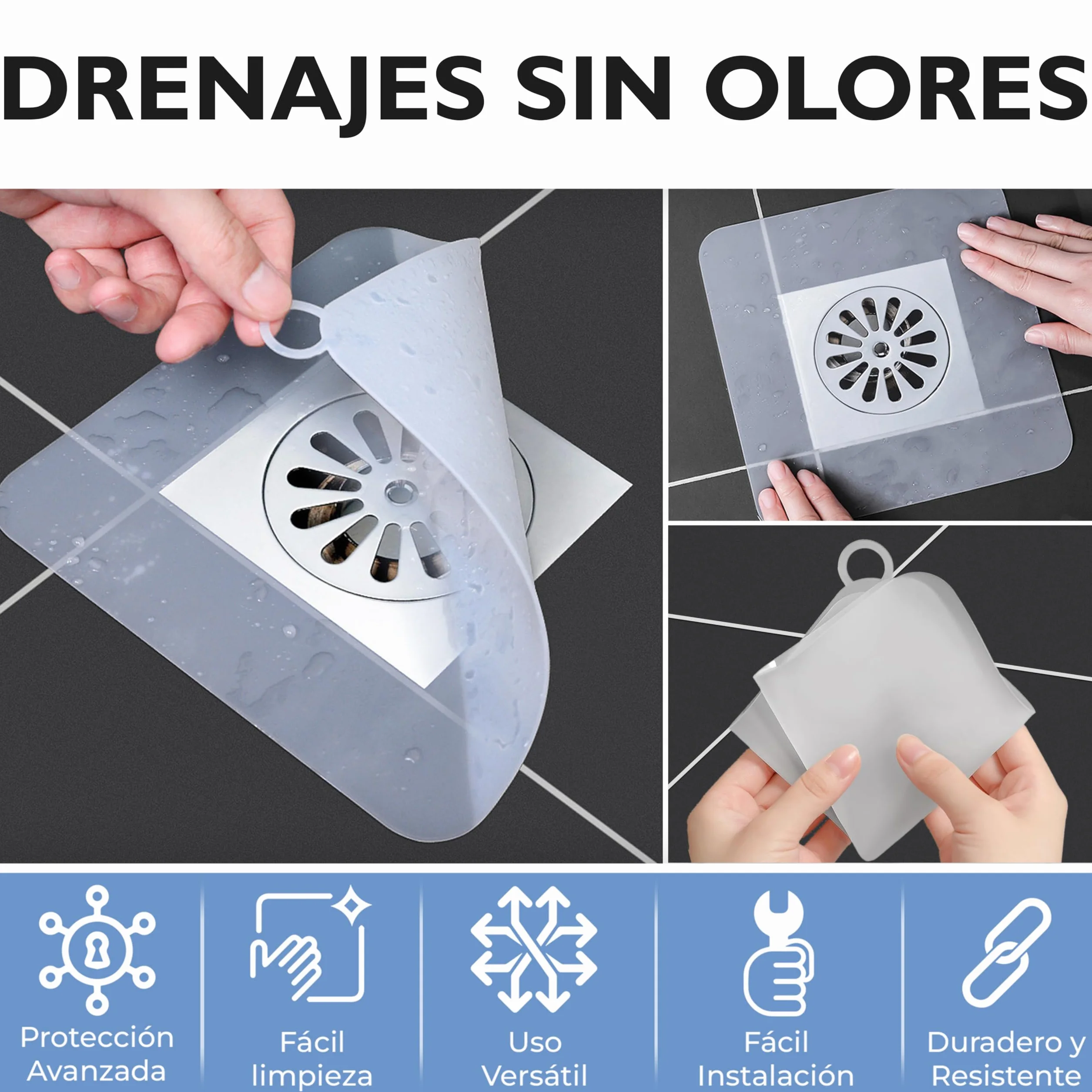 Tapa Desagüe Ducha Silicona Antiolores 15x15cm Blanco Pack 4