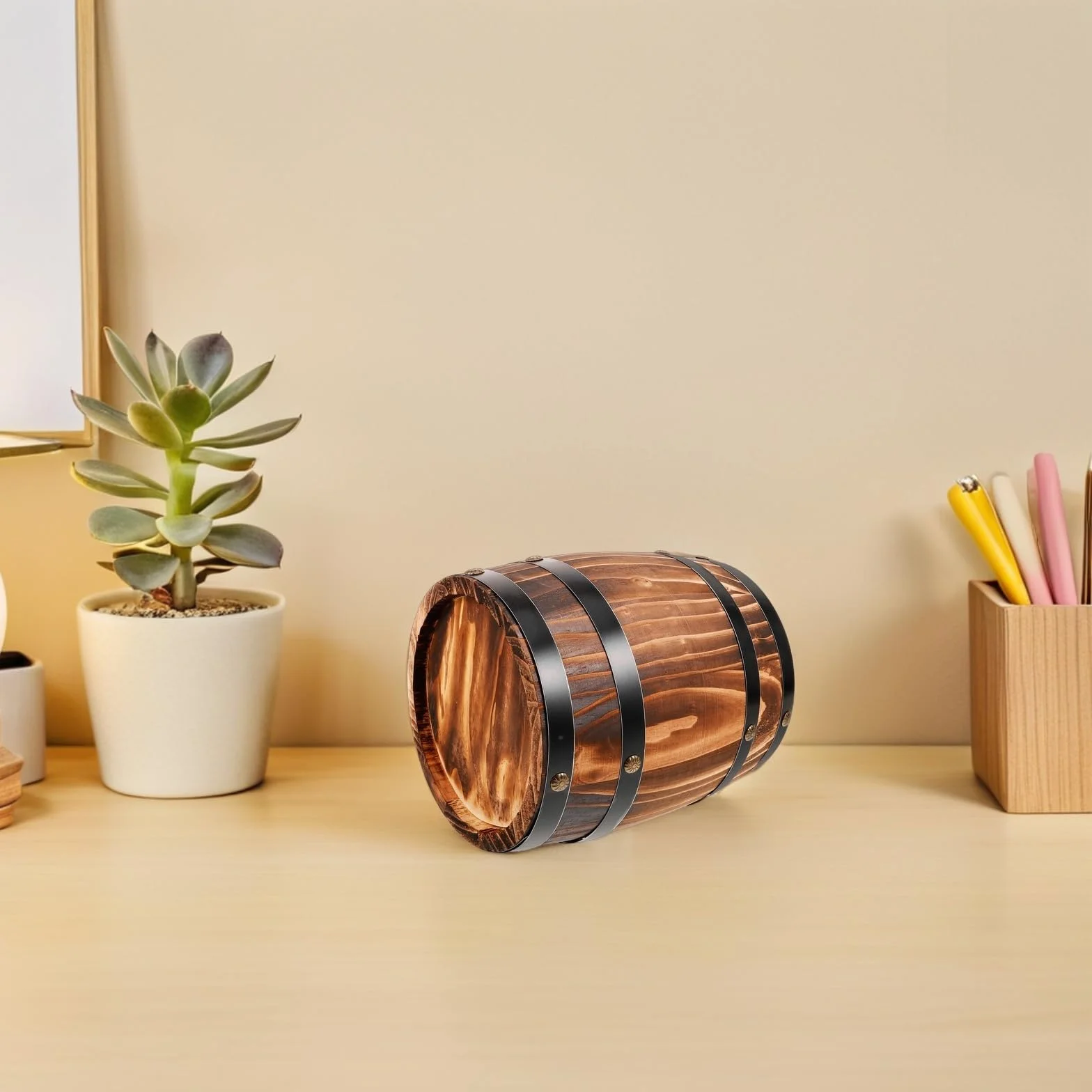 Zerodeko Barril de madera pequeño para cerveza, accesorio decorativo para fotos, barril de vino de madera, adorno rústico para bar, hogar, manualidades decorativas