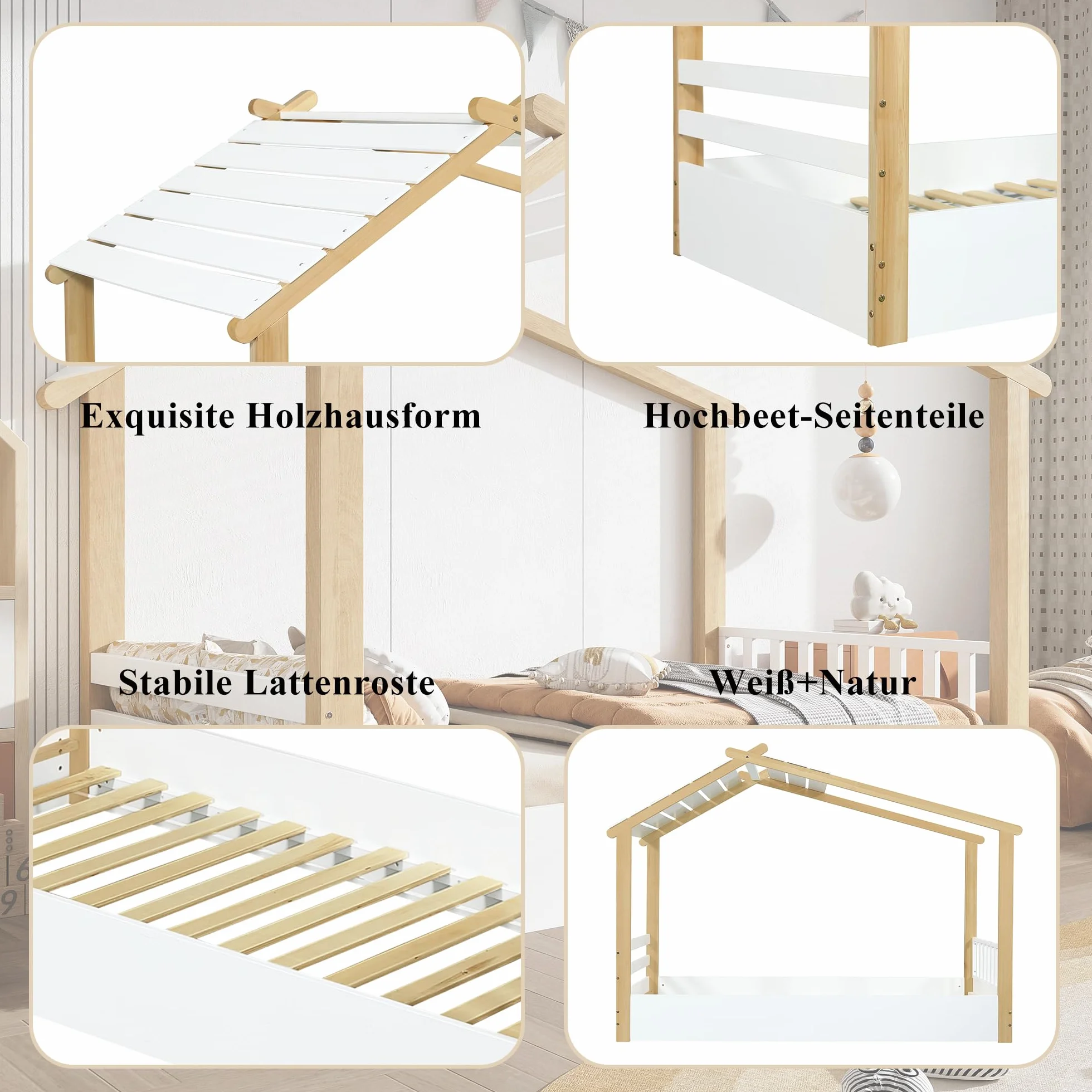 Cama Infantil 90x190 cm, Cama de Casa con Techo, Cama Nido para niños y niñas, Cama de Madera con Valla, Cama Familiar Individual con Protección Anticaídas y Somier, Blanco, Sin Colchón