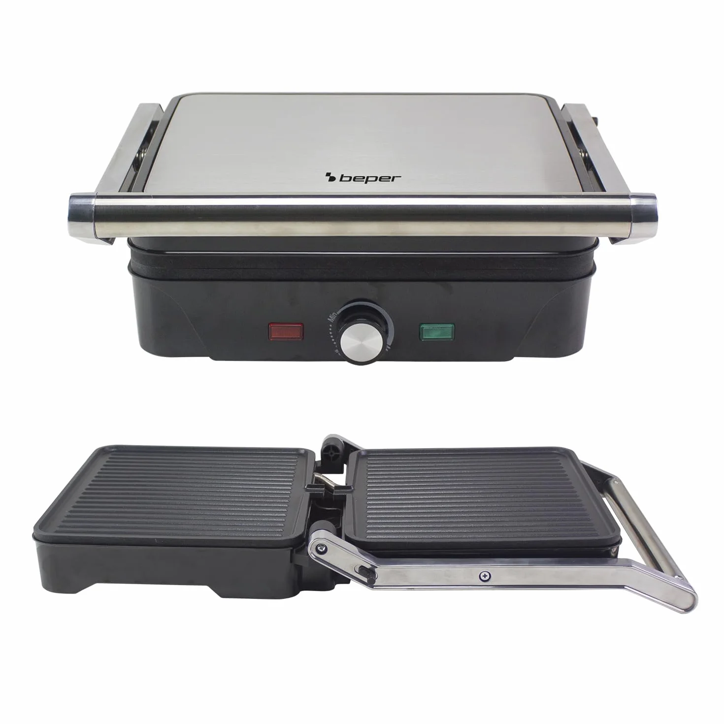 BEPER P101TOS503 GRAND GRILL Parrilla Eléctrica Multifunción 3 en 1: Sartén para Carne, Plancha para Paninis y Parrilla Barbacoa – Placas de 28 x 25 cm, Apertura de 180°, Termostato Ajustable – 2000W