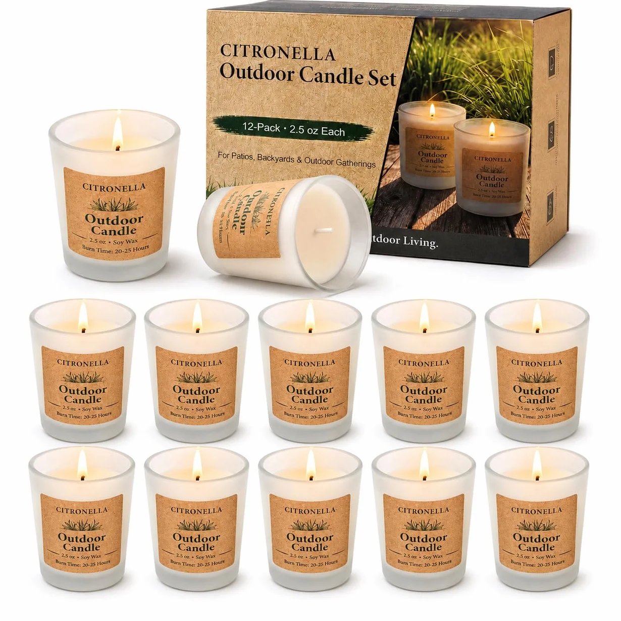Set Regalo Velas Aromáticas Citronela, 12 x 70g Velas Citronela Exterior, Cera de soja natural y aceites al 6%, aroma veraniego para cocina/jardín/Fiestas/camping/picnic