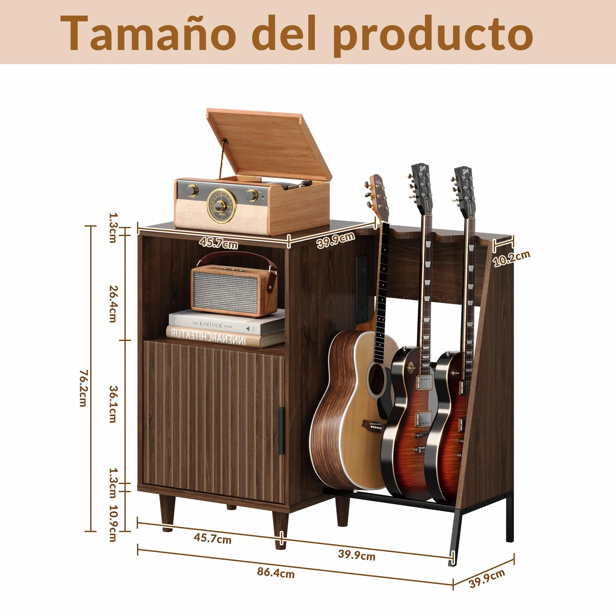 Mueble para Tocadiscos y Vinilos de Madera Vintage Mid-Century con Soporte para 3 Guitarras