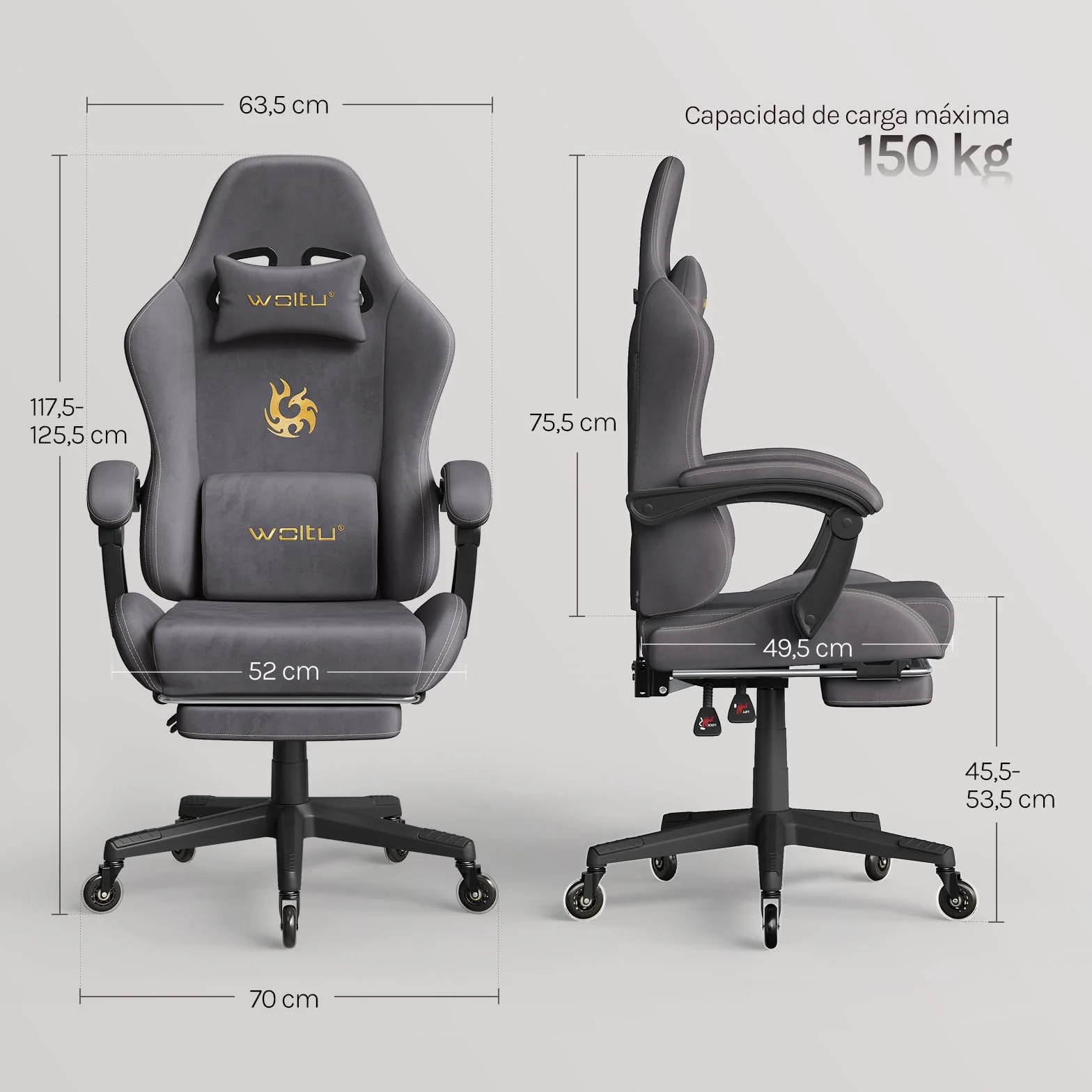 WOLTU Silla Gaming con Soporte Lumbar Ergonómica Oficina Giratoria Reposapiés Tela Ante Gris