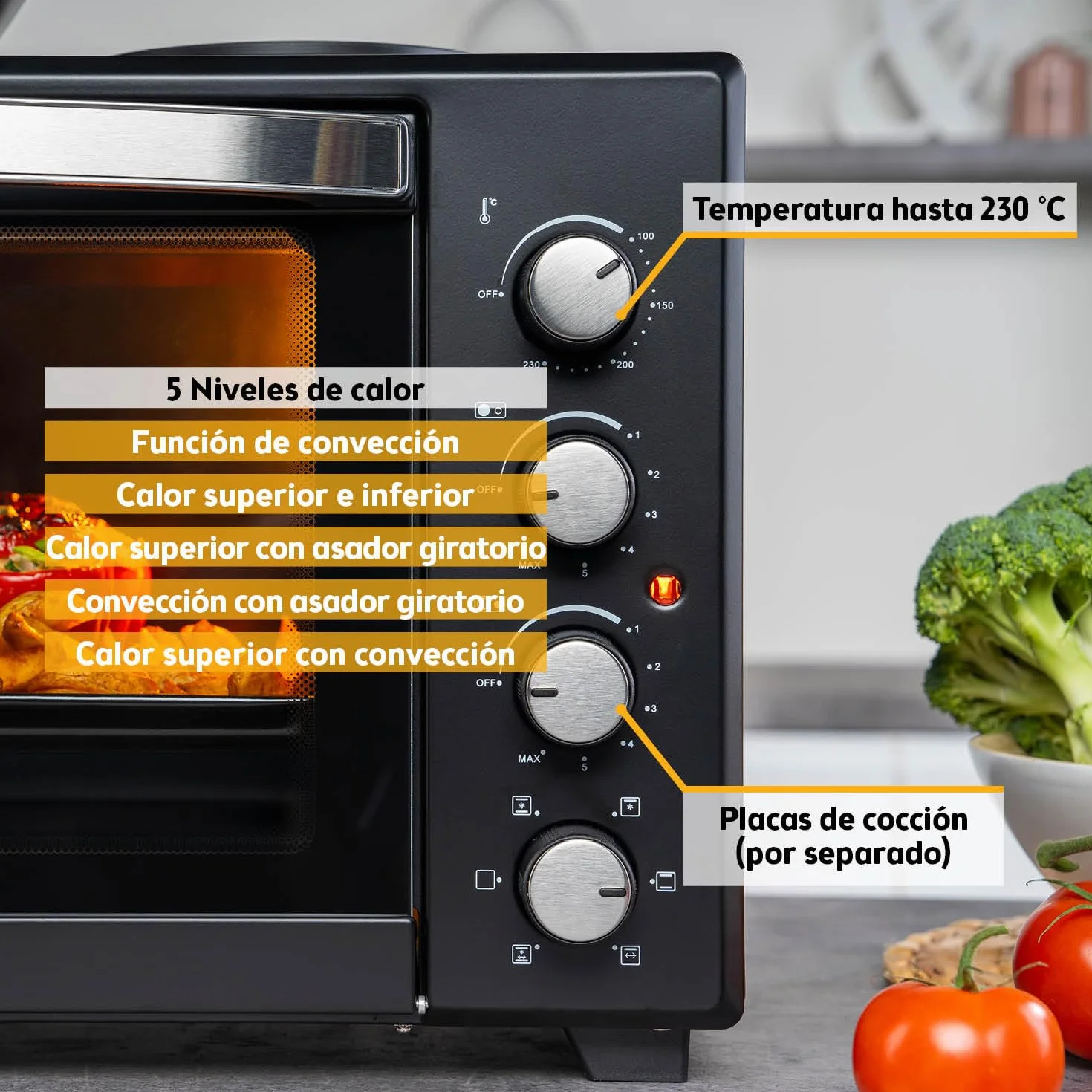 First Austria Mini Horno 45L 3200 W con Quemadores para Pizza 230°C Revestimiento Antiadherente Multihorno 4 Alturas