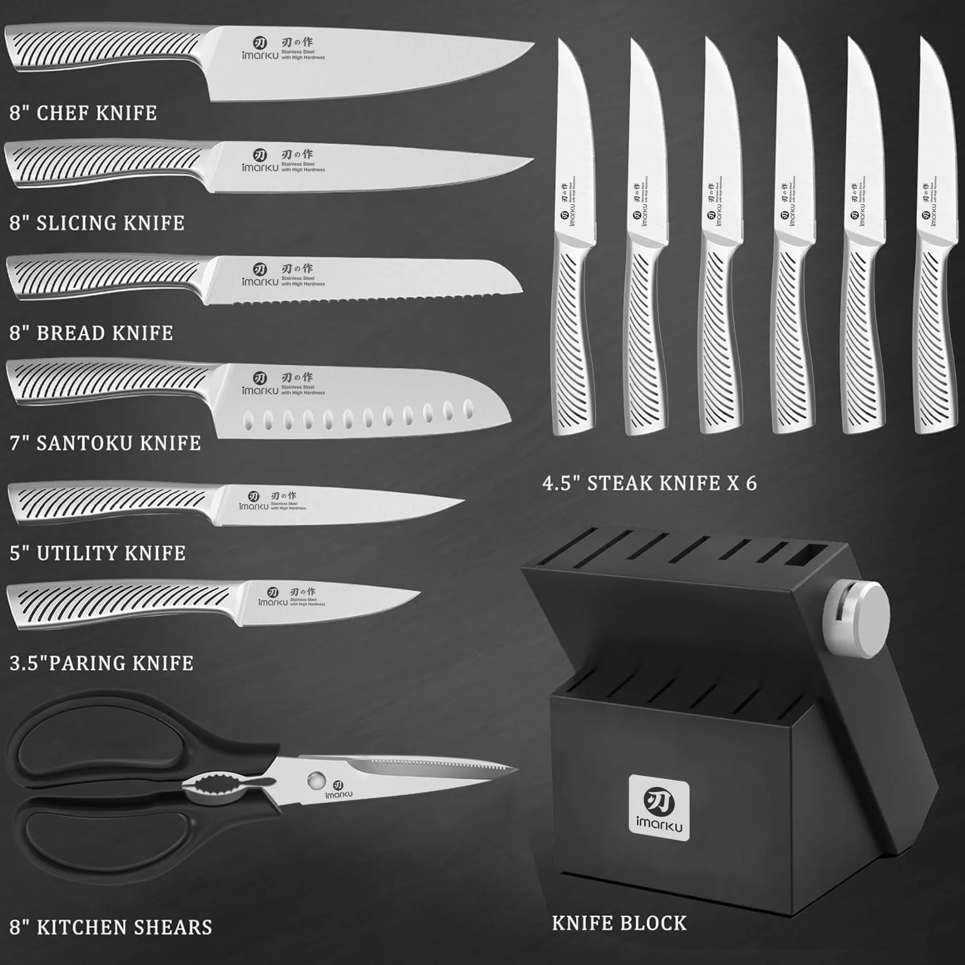 imarku Bloque de Cuchillos Negro, 14 piezas Cuchillos de Cocina, Afilado Juego de Cuchillos Japoneses con Bloque de Madera para Cuchillos, Regalos Dia Del Padre