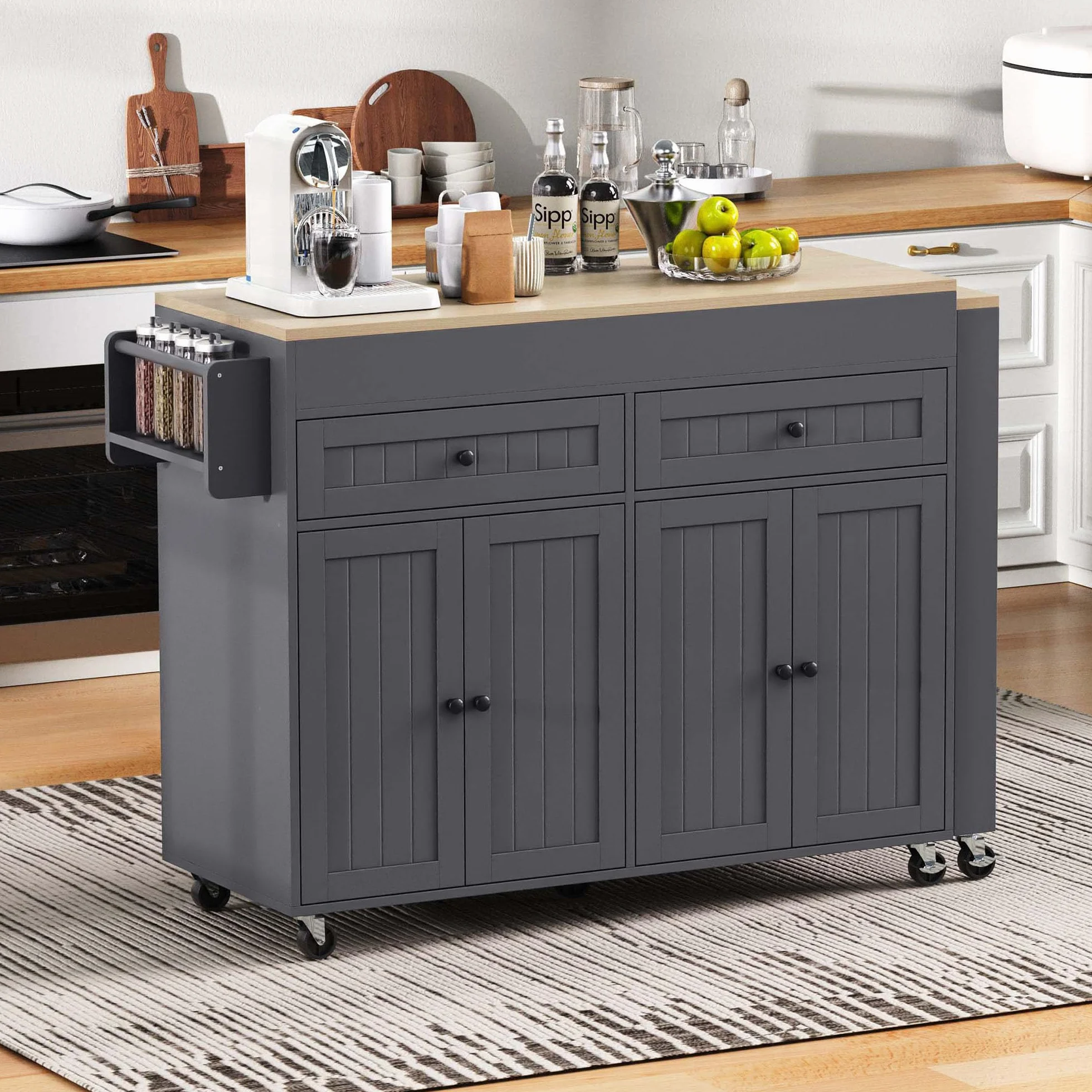 LAKFEW Mesa de Bar Isla Cocina con 7 Ruedas y Encimera Extensible, Mesa Cocina Extensible con 4 Puertas y 2 Cajones, Barra Bar Mueble Auxiliar, 112(180.5) x45x92.2 cm, Gris+Natural