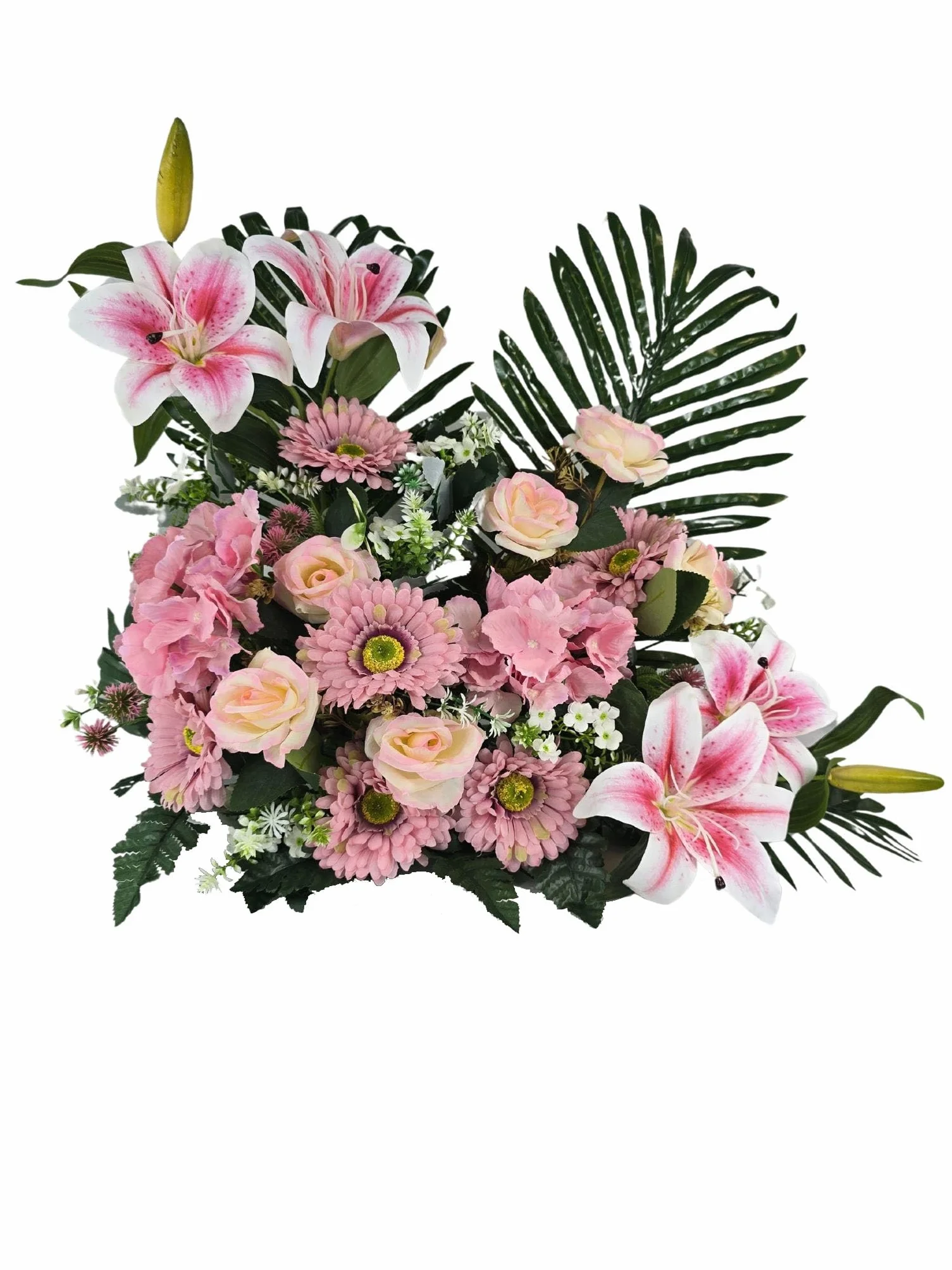 DRW Centro de Flores Artificiales Rosa para Interior y Exterior Sepultura Iglesias Decoracion hogar con liliums y Rosas 70x27x50