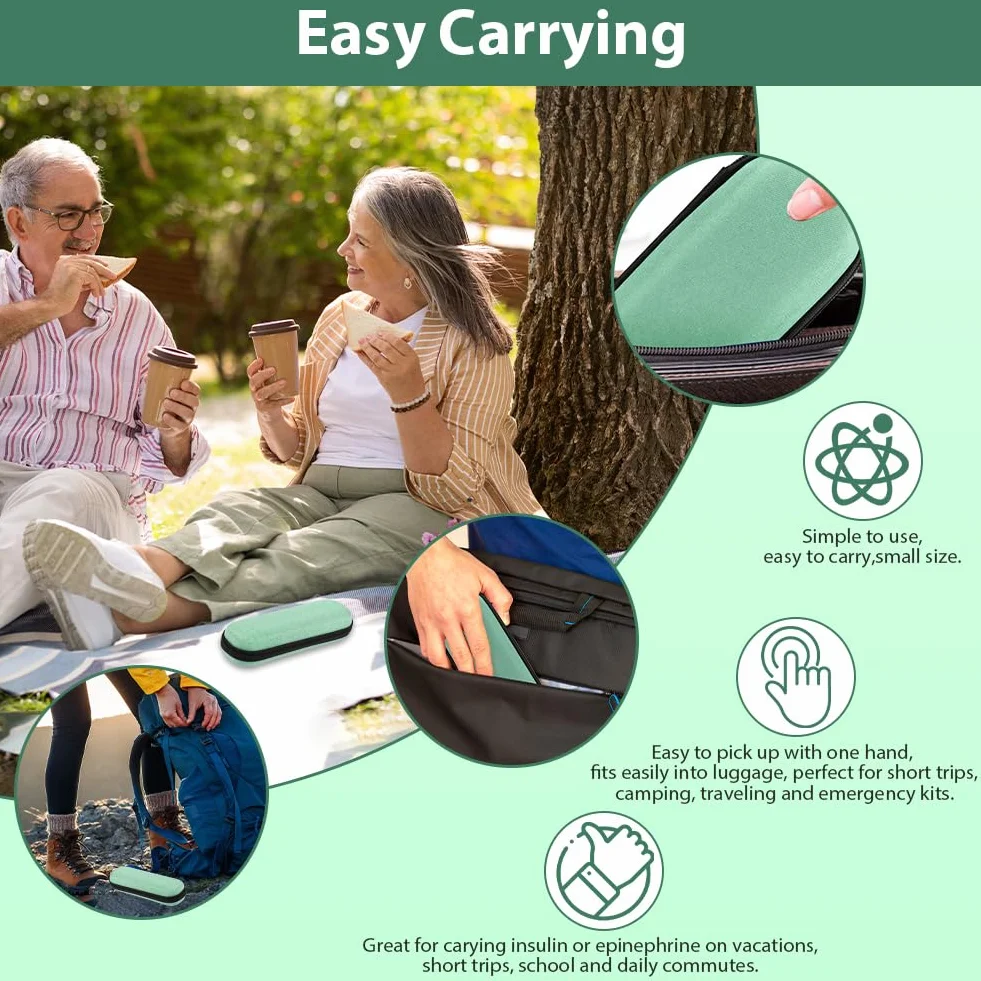 Estuche Insulina Bolsa, Nevera Insulina de Viaje con 2 Bolsas de Hielo Refrigerado TSA, Portátil Estuche Medicamentos para Diabetes con Mosquetón para Viajes Largos y Diarios (Verde)