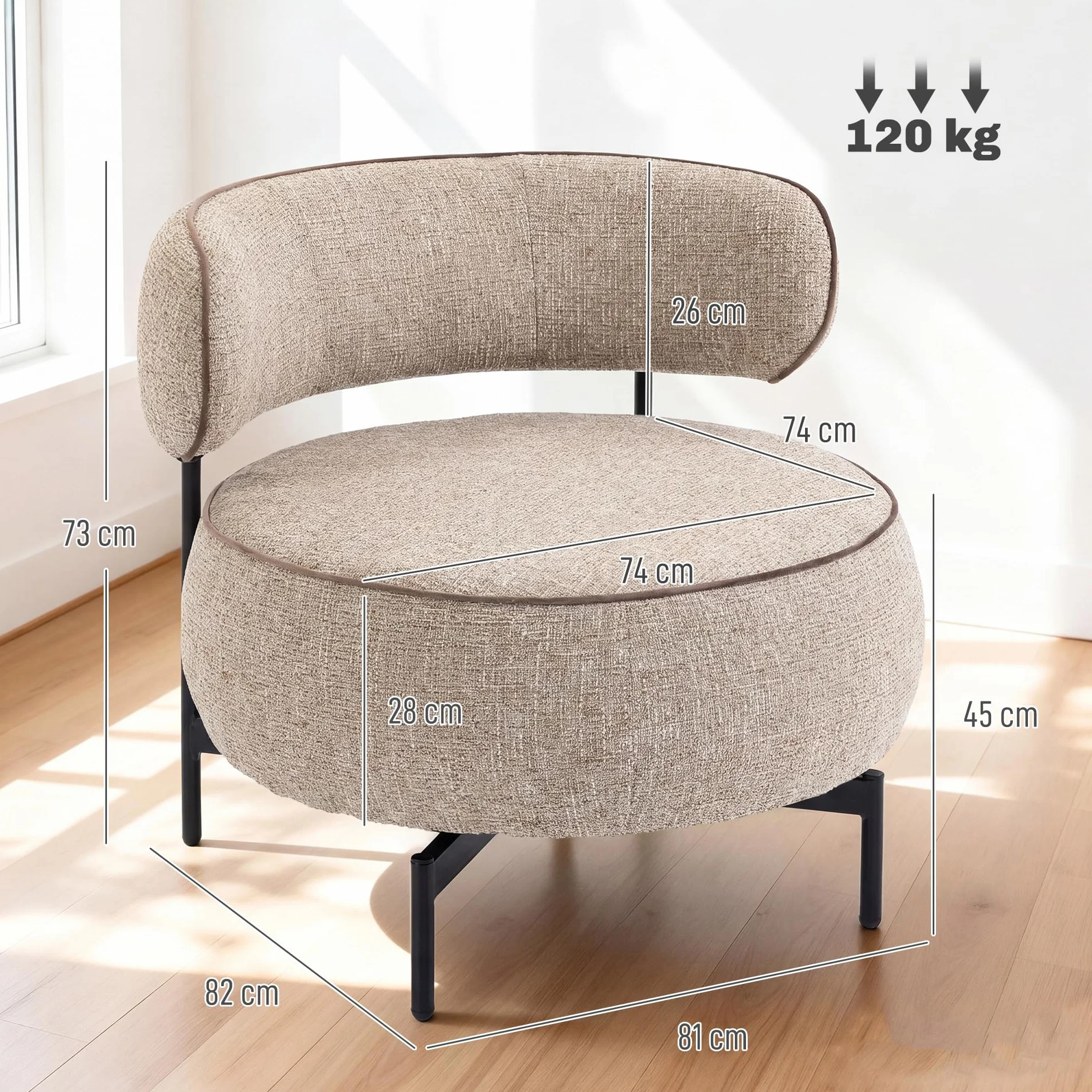 HOMCOM Butaca de Salón con Asiento Giratorio, Sillón de Salón, Tapizado en Lino, con Asiento Amplio, Acolchado Grueso, Patas de Metal para Dormitorio, Lectura, Beige