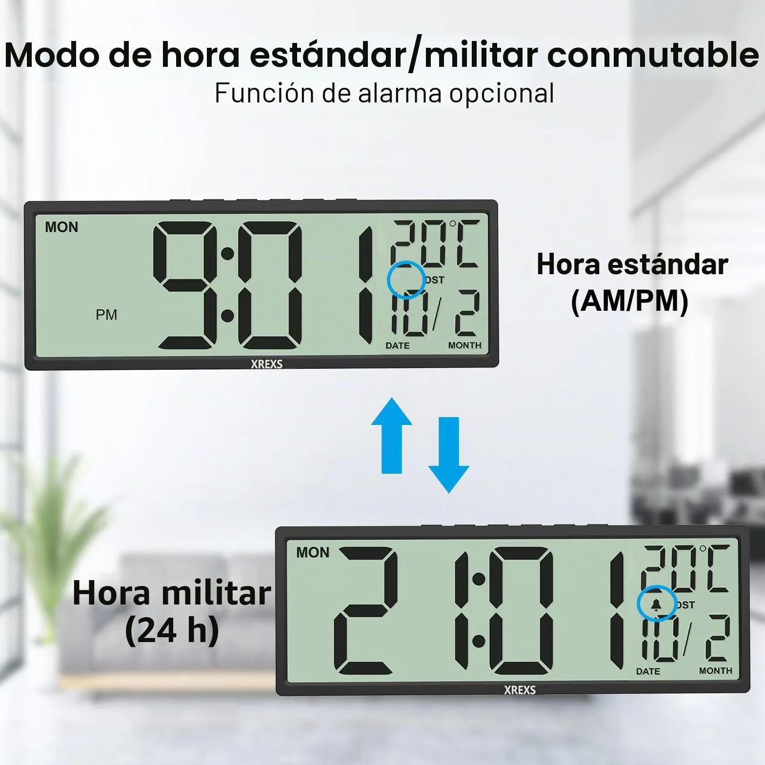 XREXS Reloj de Pared Digital de 14,5 Pulgadas, Hora, Calendario, Temperatura, Función DST, Funciona con Pilas, para Dormitorio, Salón, Aula, Oficina (Negro)