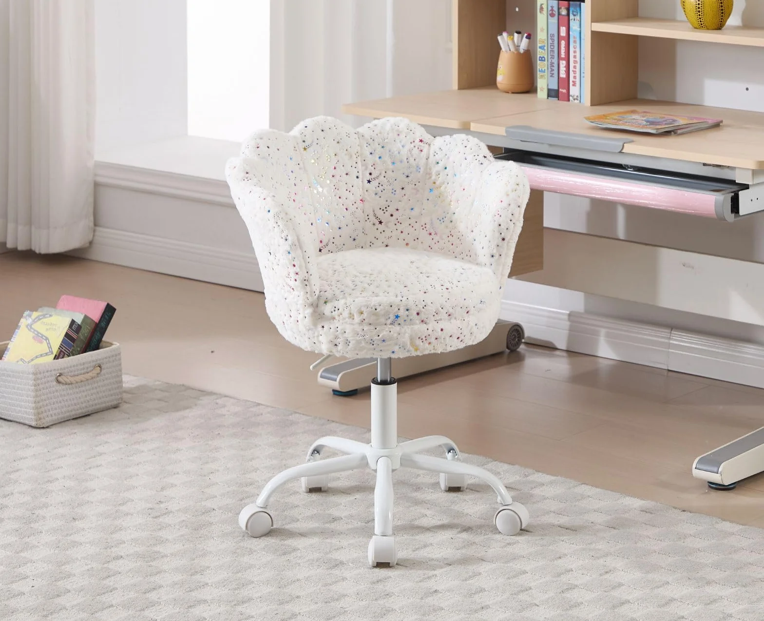 chairus Silla Escritorio Niña de Terciopelo Silla Infantil Giratoria con Ruedas, Sillas de Estudio con Forma de Flor para Niños, Blanco