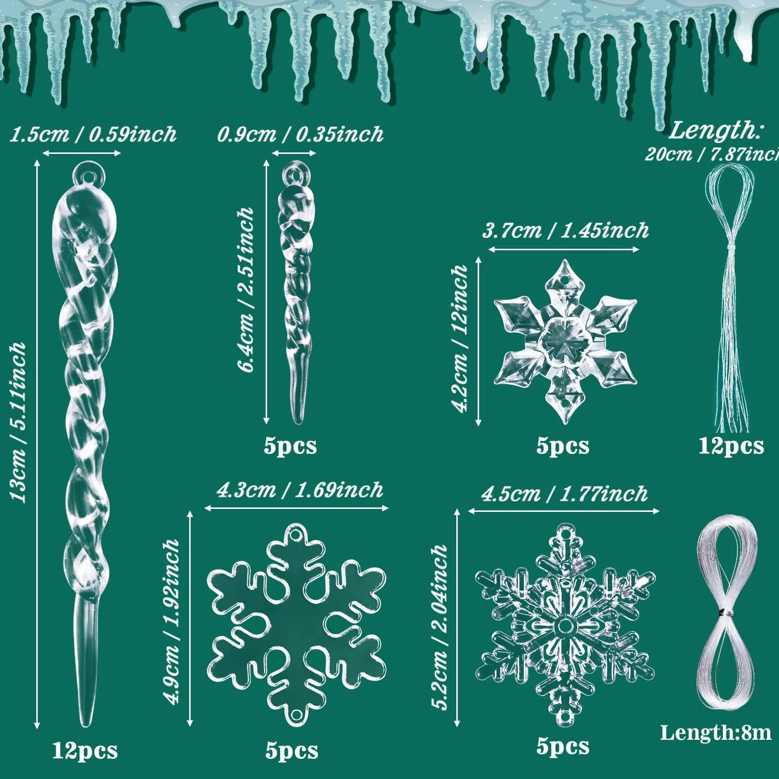 MELLIEX 32 Piezas Adornos Navidad Carámbano Copo de Nieve Acrílico Transparente Colgante Árbol Navidad