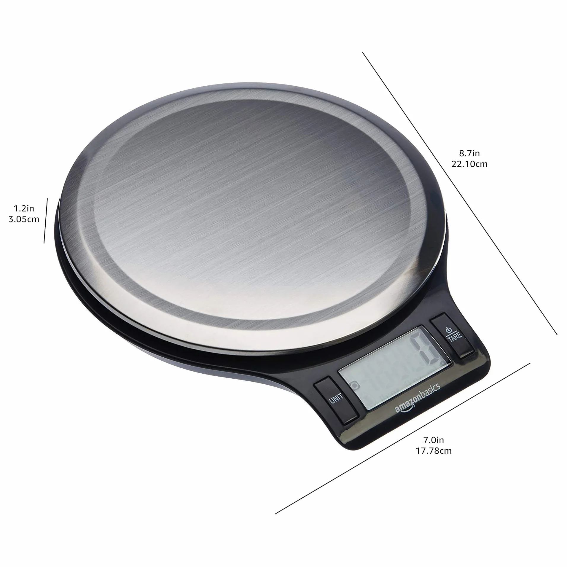 Amazon Basics Báscula de Cocina Digital de Acero Inoxidable sin BPA, Pantalla LCD, 11 Libras, Negro