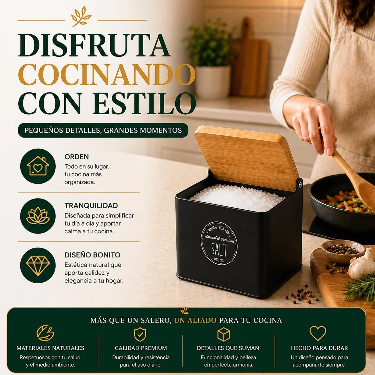 Salero de Cocina con Tapa de Bambú 11x14x11 cm Estructura Metálica Tapa Abatible Negro