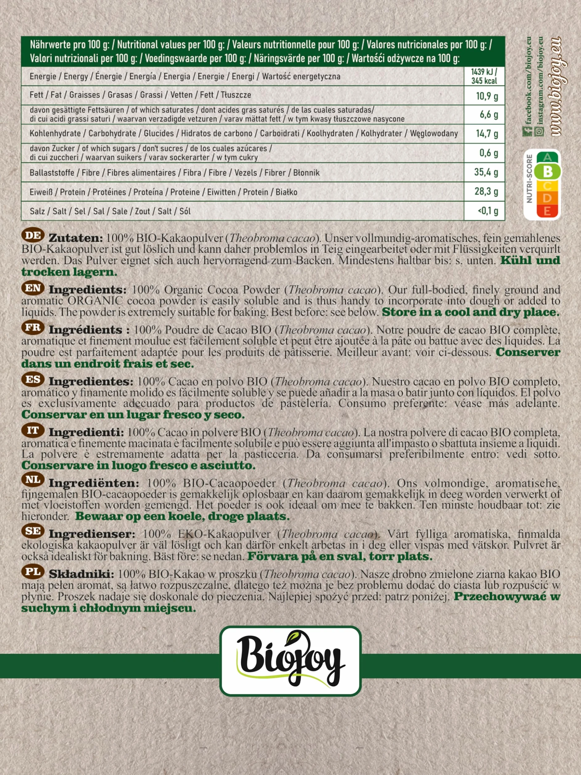 Biojoy Cacao en Polvo Ecológico 500 g, natural sin azúcares añadidos