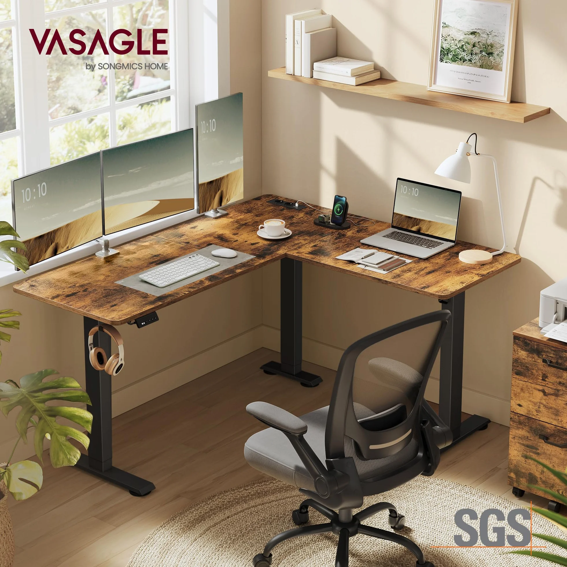 VASAGLE Escritorio Eléctrico Regulable en Altura, Escritorio en Forma de L, 140 x 160 cm, con Estación de Carga, Función de 2 Memorias, para Oficina Casa, Marrón Rústico y Negro Tinta LSD264K01