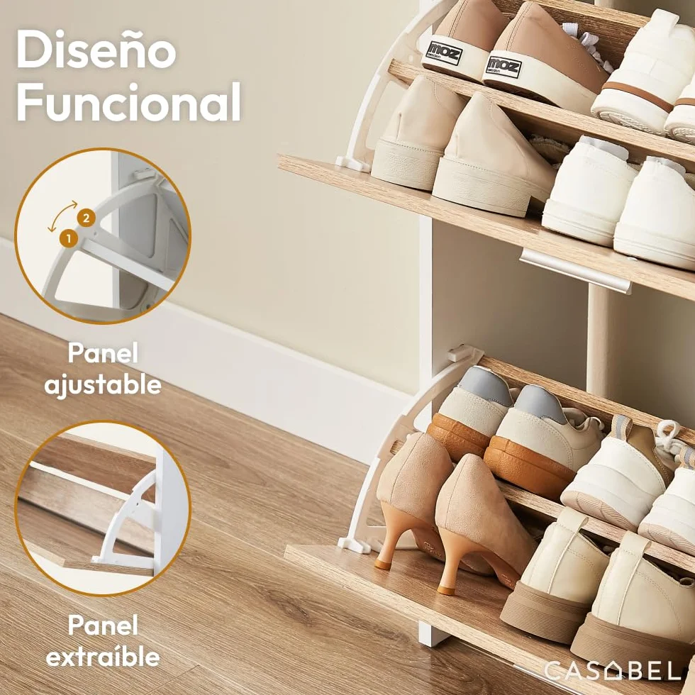 CASABEL Mueble Zapatero Moderno 3 abatibles, Almacenamiento para Zapatos 18 Pares, Madera Clara y Blanco, Mueble de Madera, Dimensiones L60xP24xH113 cm, Gran Capacidad, fácil de Instalar