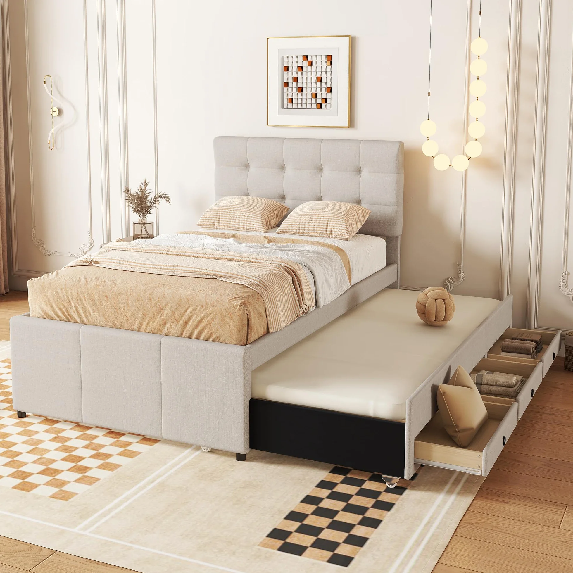 Cama Tapizada 90x200 cm con Cama Nido 90x190, Cama Infantil con 3 Cajones, Camas Juveniles con Cabecero Ajustable, Estructura de Cama Individual con Láminas de Madera, Lino, Beige, Sin Colchón