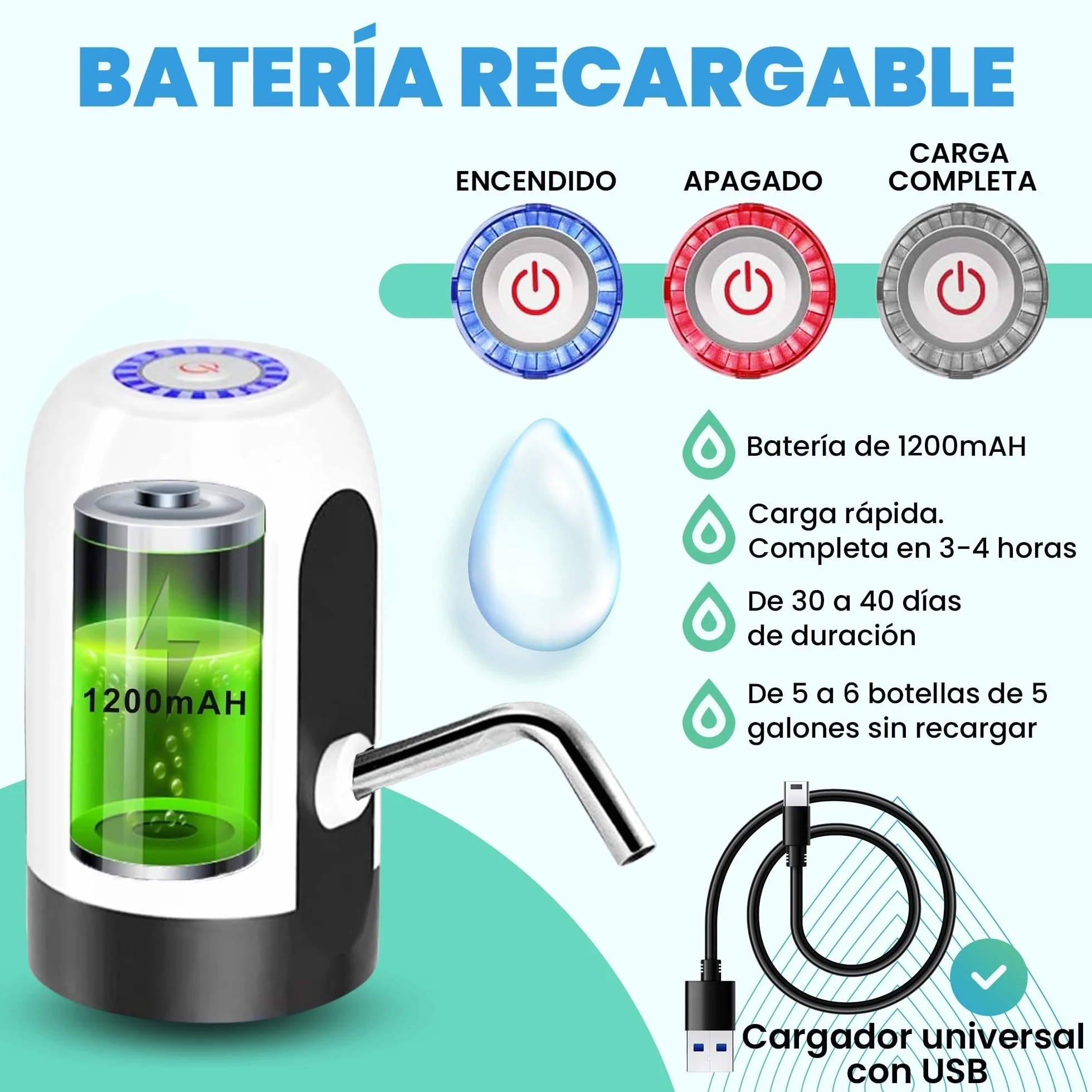 Dispensador de Agua, Grifo eléctrico para garrafas de Agua fría, Bomba dosificadora con Dos adaptadores. 5.7L, 10L, 11.3L, 15L, 18.9L.