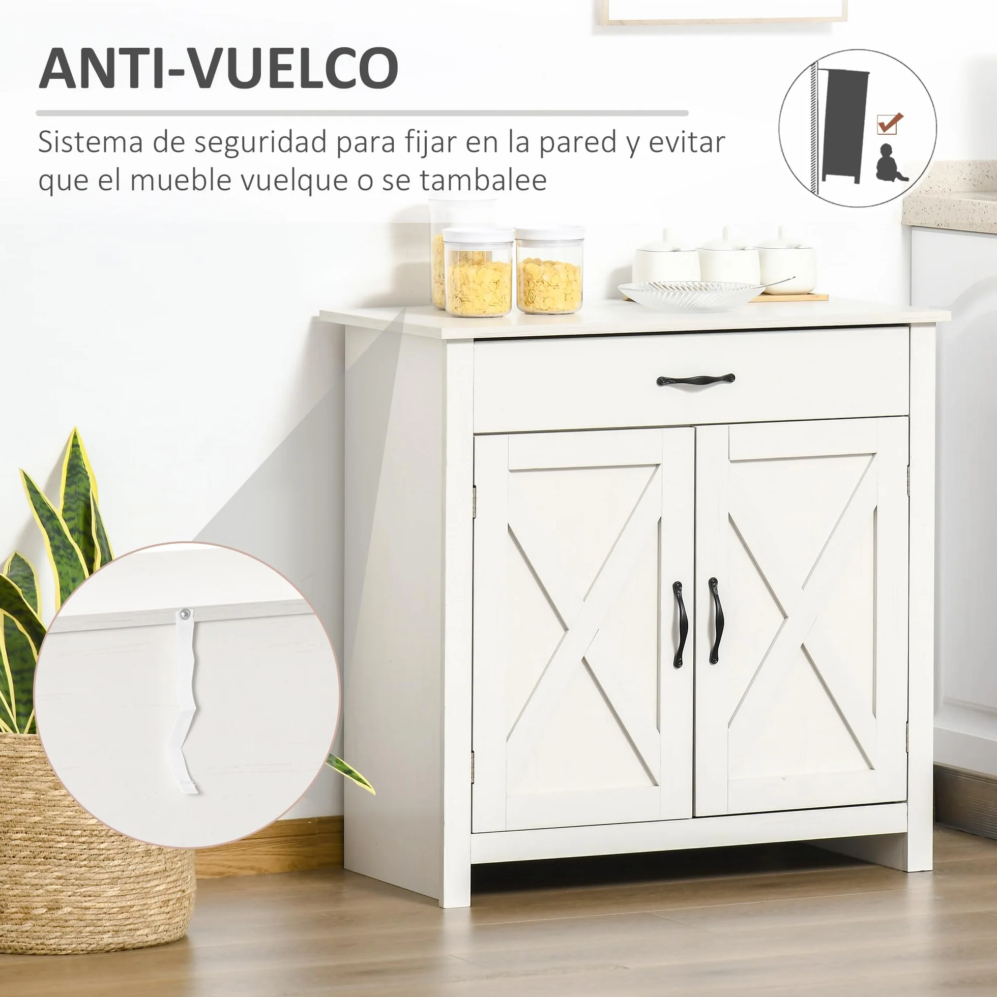 HOMCOM Aparador de Cocina Buffet para Salón con 1 Cajón 2 Puertas y Estante Interior Ajustable Mueble Auxiliar Decorativo para Comedor 80x39,7x80 cm Blanco Lavado