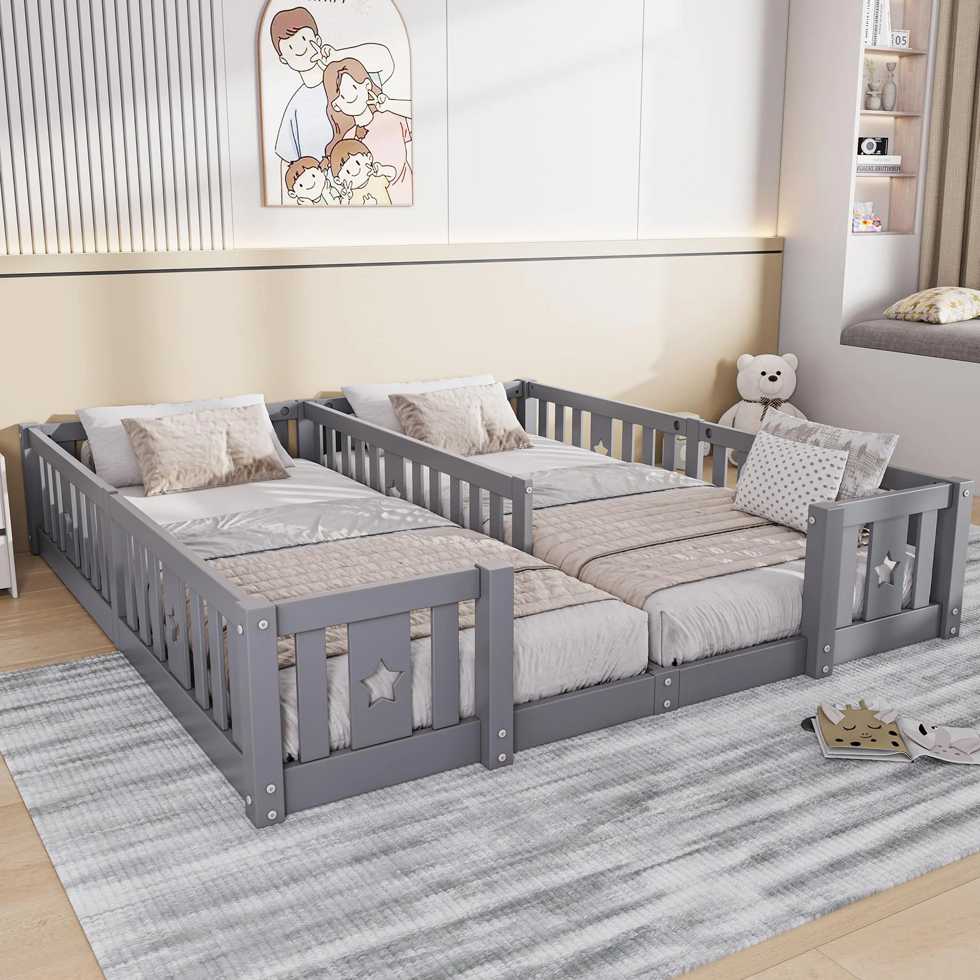 Cama en el suelo de 90 x 200 cm, cama infantil con barrera, cama montessori, madera maciza, camas dobles, para habitación de niños y niñas, sin colchón (gris A, 188 x 206 x 40)