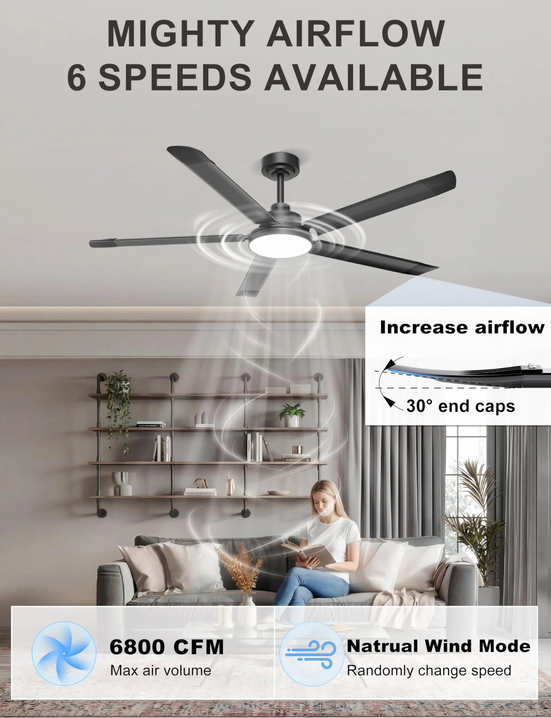 Ohniyou Ventilador de Techo de 152 cm con Luz, Ventiladores de Techo Industrial con Control Remoto/APP, 5 Aspas de Aluminio, Motor DC Silencioso, Ventilador para Salón, Terraza Exterior, Garaje, Negro
