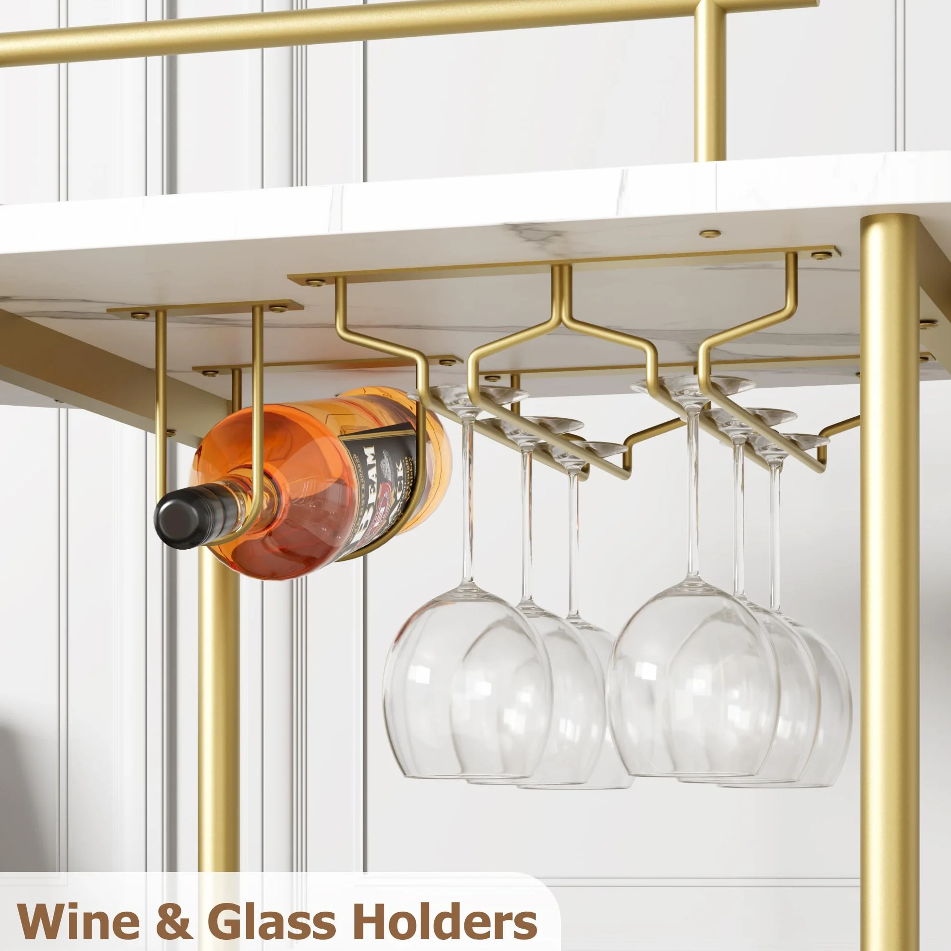 Muebles de Bar,Carros de Vino,Estante de Botellas de 3 Niveles, Ovalado, Base Blanca,Carro de deesert Estructura de Metal Dorado, construcción de gres porcelánico y Metal, Dimensiones 94 × 87 × 40 cm