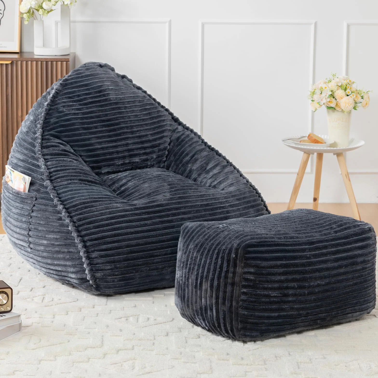 Vamcheer Puf para Adultos con Taburete, Mullido, Tejido De Franela Ultrasuave, Silla con Relleno De Esponja, XXL, Color Gris, Estable