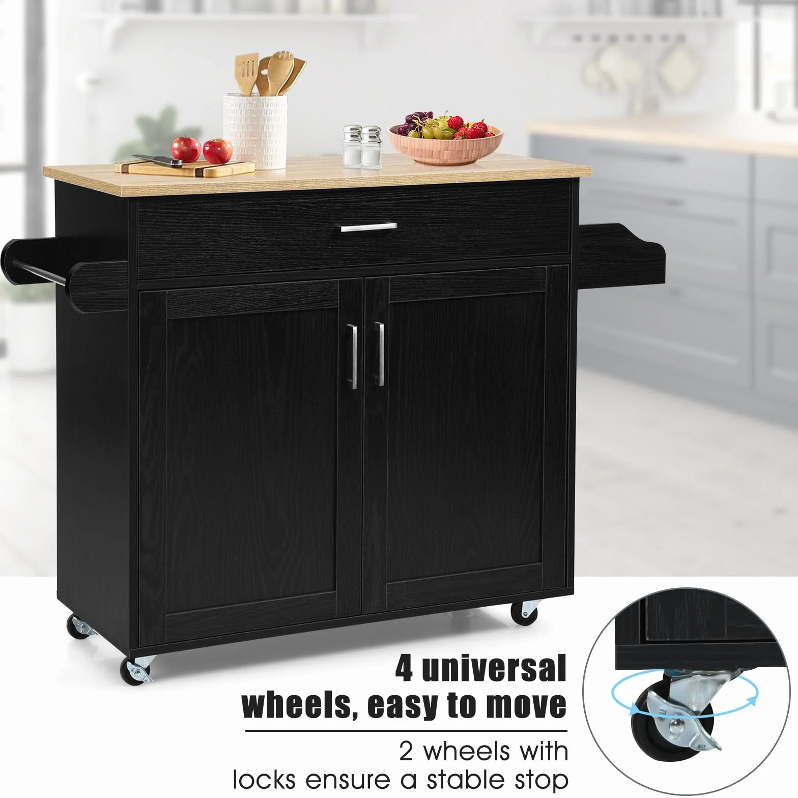 KOMFOTTEU Carro de Cocina Auxiliar, Carrito de Servicio con Cajón y Estante Ajustable, Estantería Móvil de Comedor con Ruedas Universales con Freno, de Madera, 116 x 40 x 85 cm (Black)
