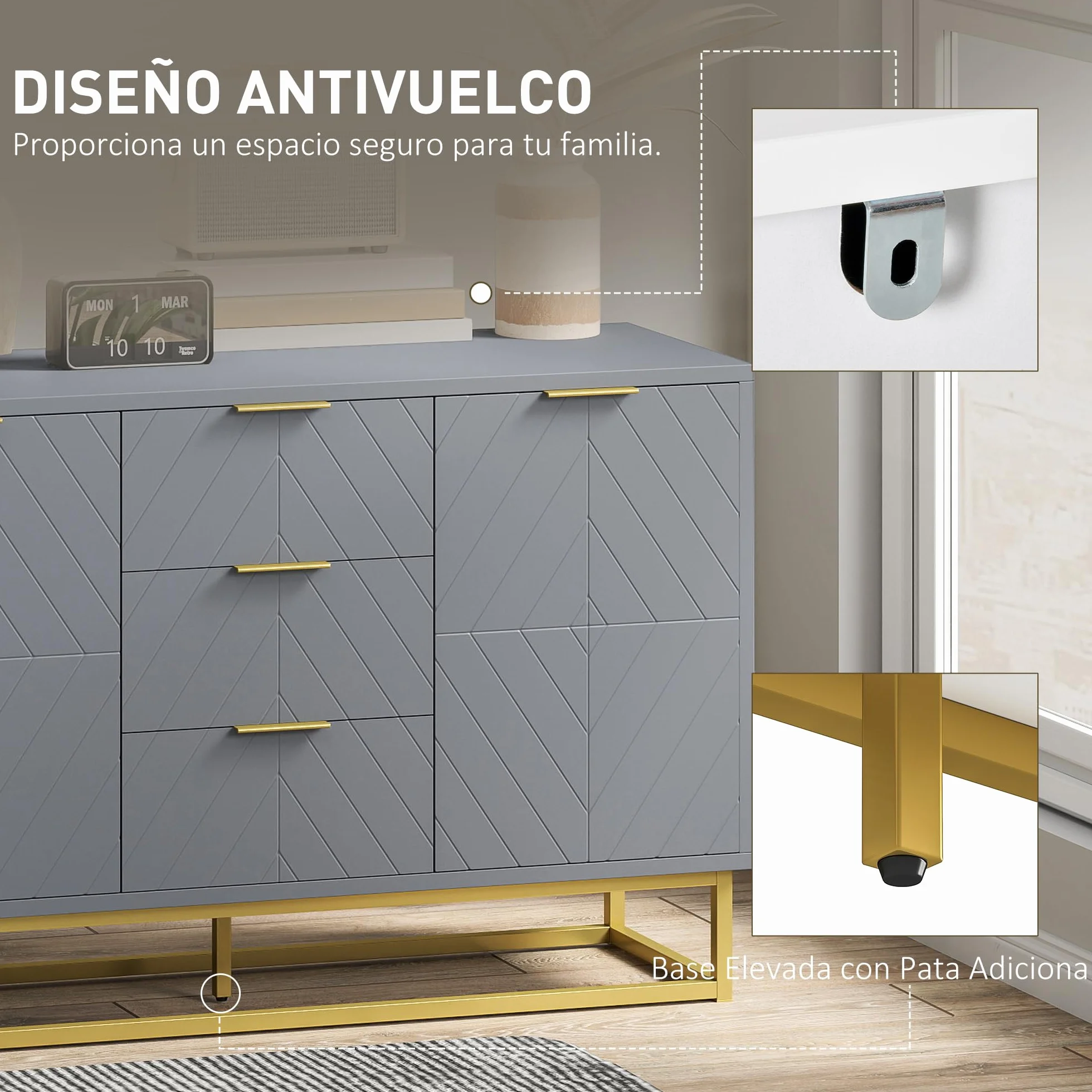HOMCOM Aparador Moderno Aparador para Salón con 3 Cajones 2 Puertas y Estante Ajustable Mueble Auxiliar para Salón Cocina Antivuelco 120x40x76 cm Gris