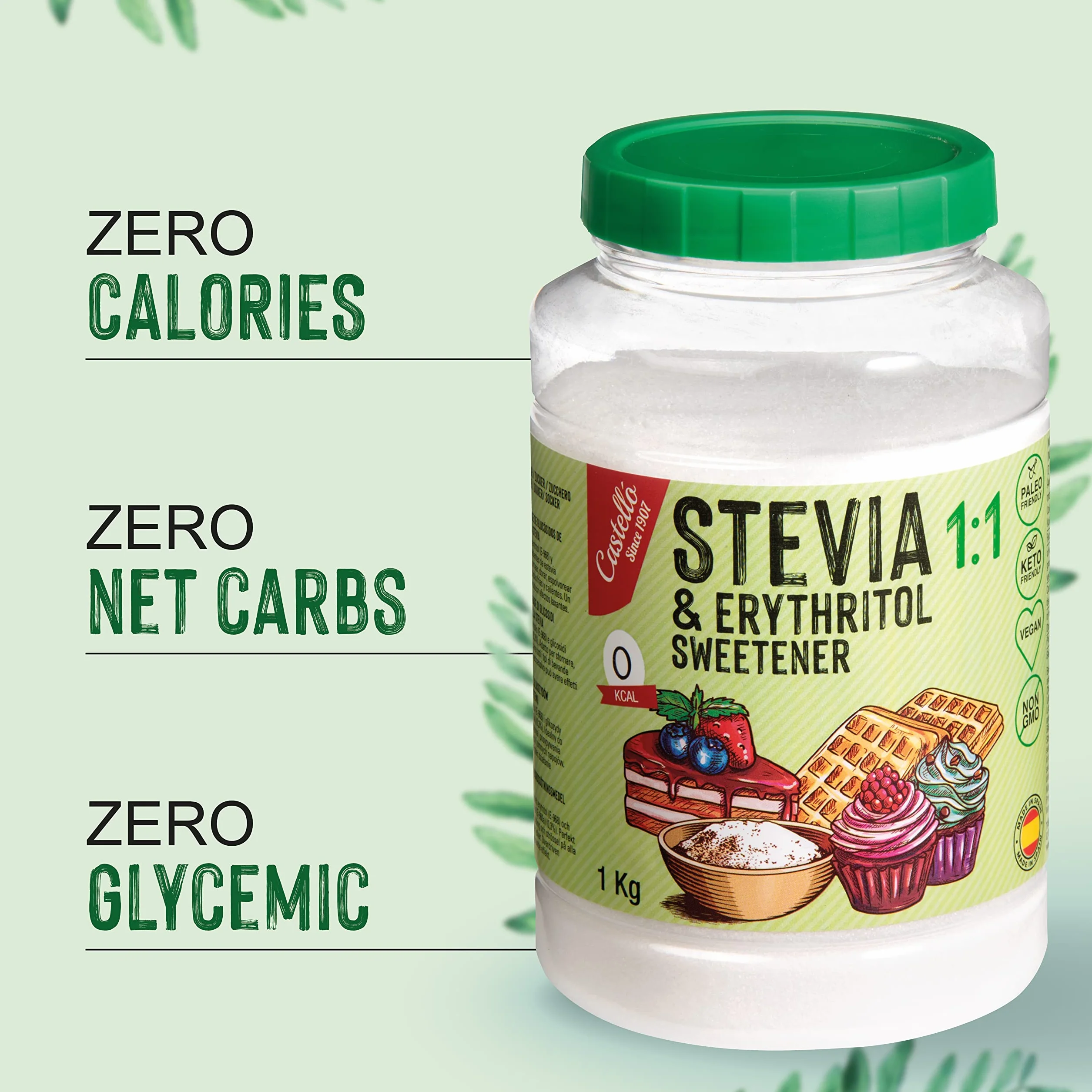 Castillo Stevia Eritritol 1:1 1 kg Sustituto del Azúcar 100% Natural 0 Calorías Keto Paleo No OGM
