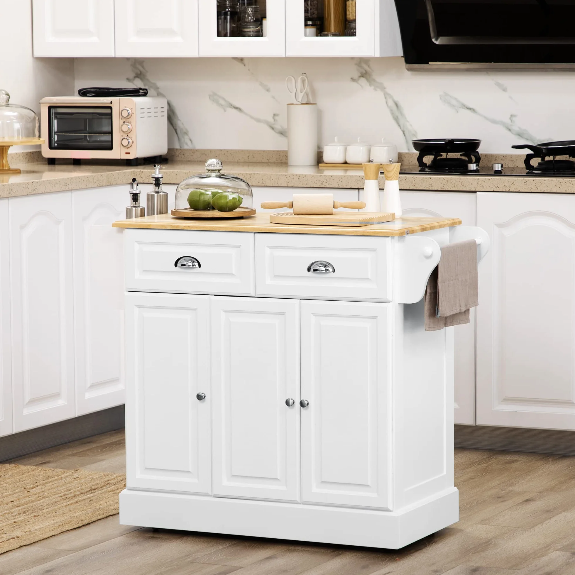 HOMCOM Isla de Cocina Carro de Cocina con Ruedas Carro Multiusos con 2 Cajones 3 Puertas Toallero y Estante para Especias para Comedor 110x45x91 cm Blanco