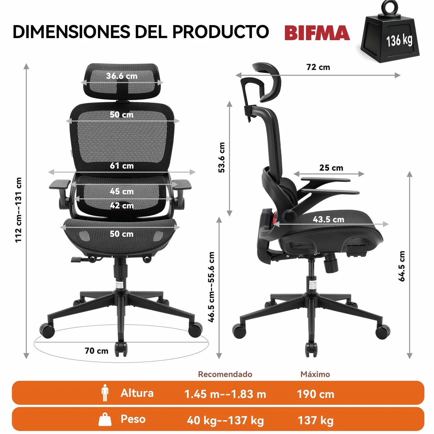 SIHOO Silla de Oficina Ergonómica B100 con Soporte Lumbar, Reposacabezas y Reposabrazos Abatibles, Negra