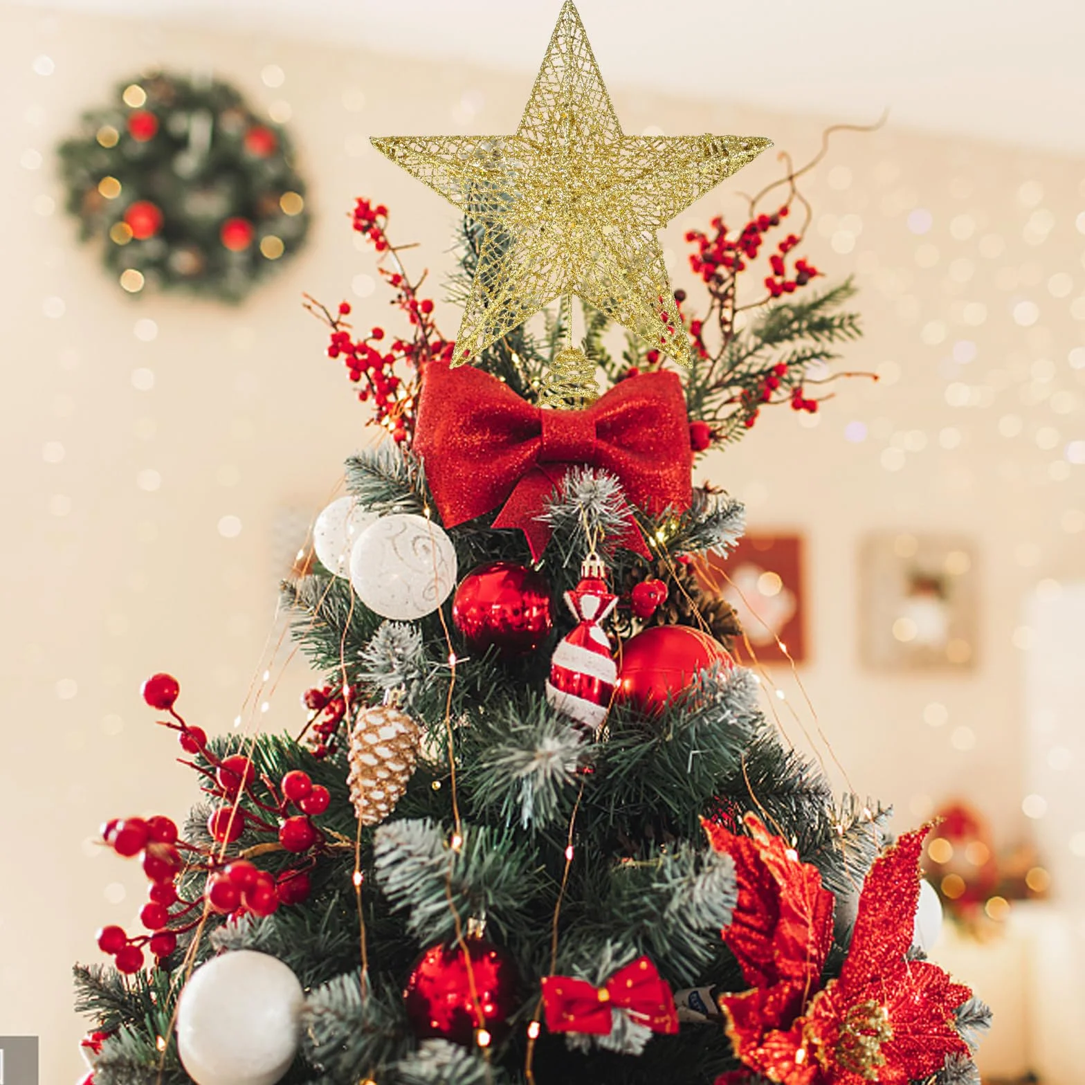Estrella para árbol de Navidad Decoración de Fiesta de Navidad, Topper de árbol de Navidad Dorado, Estrella Árbol de Navidad Topper, Adornos Navideños para Arbol