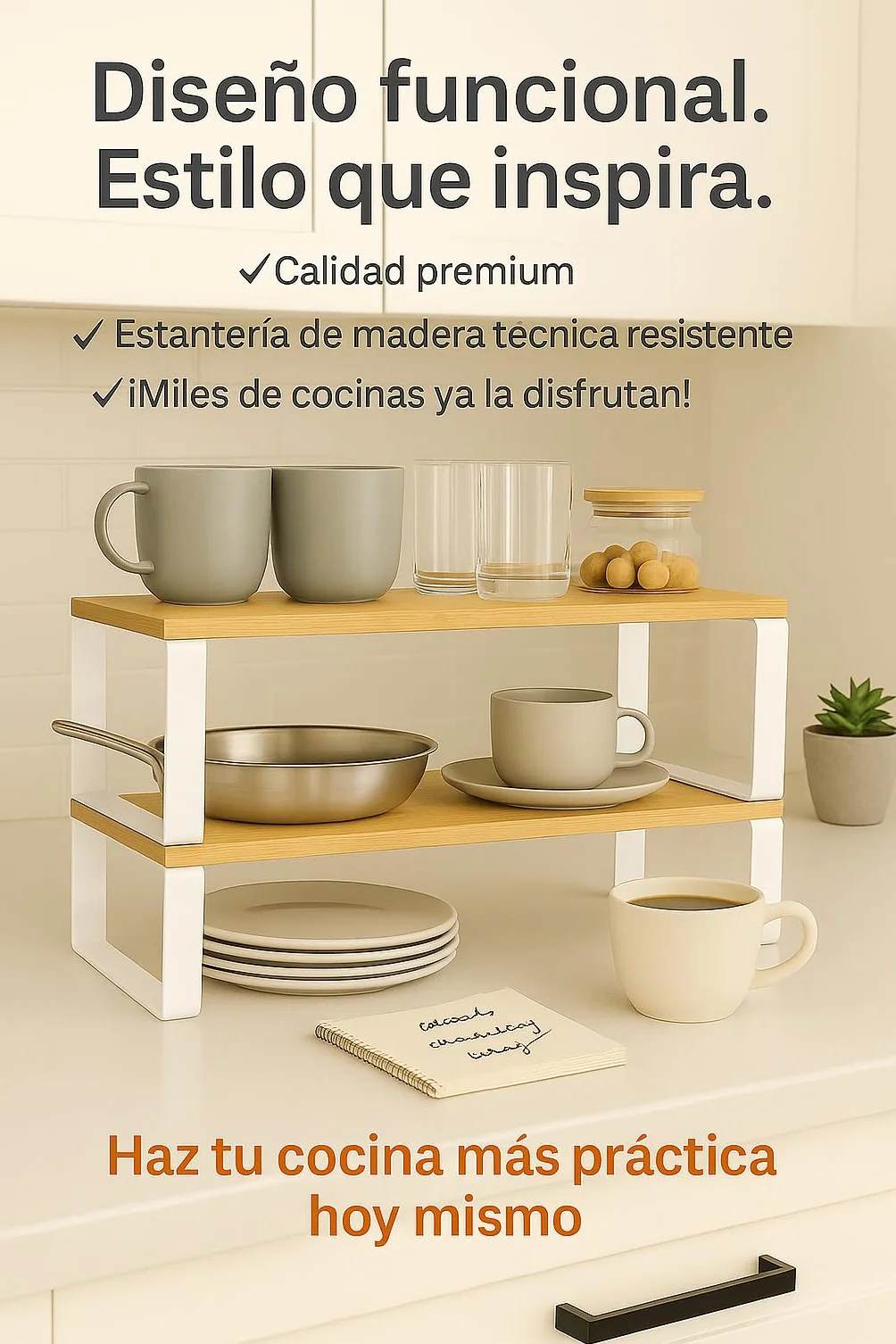 Estante de Cocina Organizador, Juego de 2, Soporte Apilable de Armario y Encimera, Estantería de Almacenamiento de Metal y Madera Técnica, Blanco