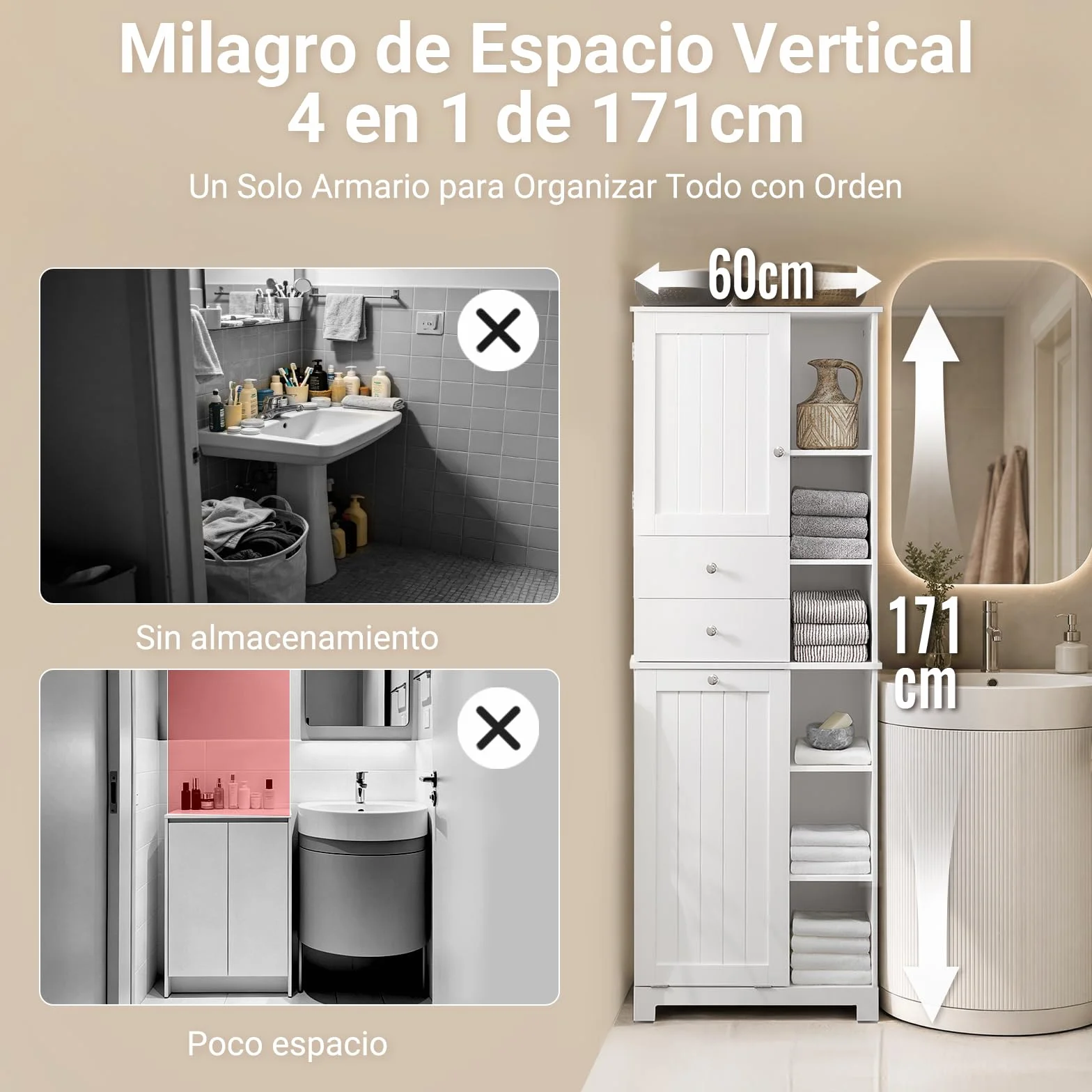 SoBuy Mueble Baño con Cesto De Ropa Sucia Y 6 Estantes, 60x37x171 Cm | Armario alto con 6 estantes y 2 cajones para ropa, toallas y productos de baño; ideal para familias. Blanco. BZR104-W