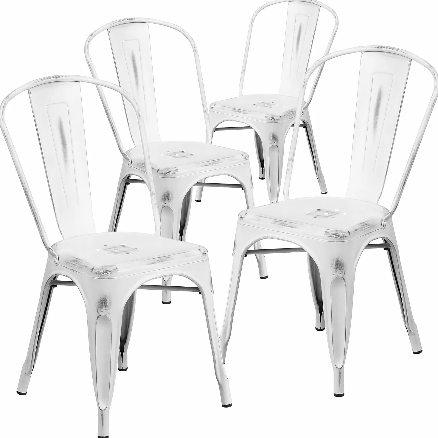 Flash Furniture Blake - Silla apilable de Metal Blanco Envejecido para Interiores y Exteriores, 4 Unidades