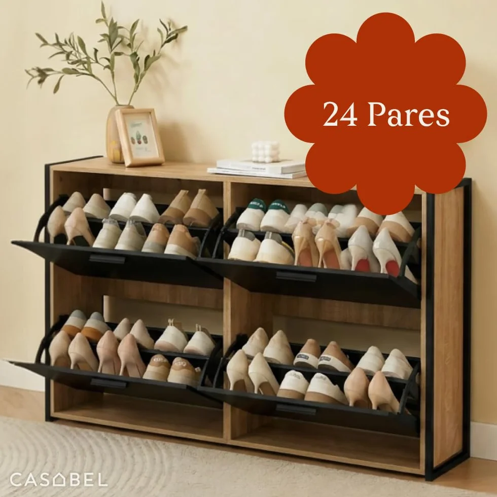 CASABEL Zapatero 4 Abatibles, Mueble Zapatero Entrada Negro & Madera, Diseño Moderno, Gran Capacidad 24 Pares, Mueble de Almacenaje para Pasillo, Entrada, Salón, L114xF24xH83 cm