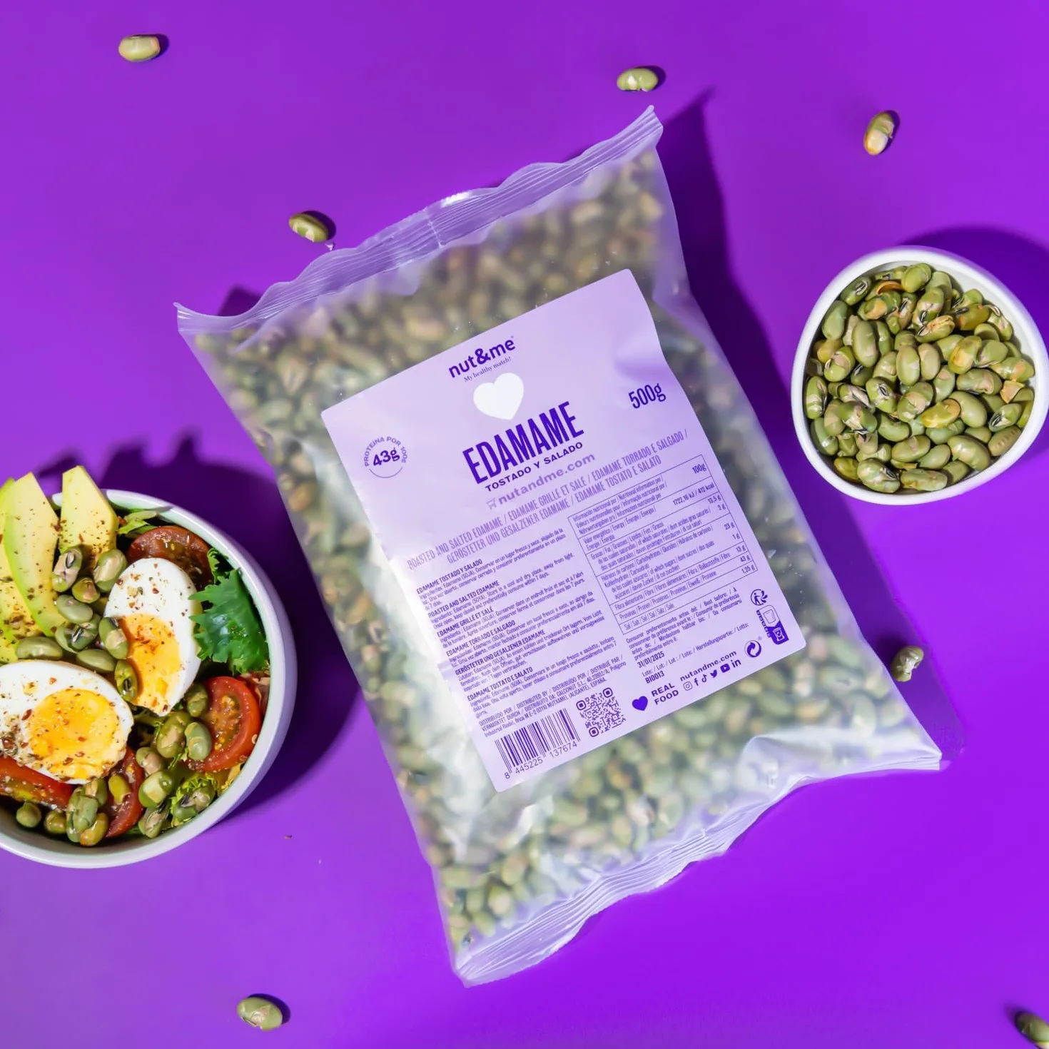 nut&me Edamame tostado ligeramente salado 500 gr sin gluten sin azúcares añadidos alto en proteínas snack crujiente
