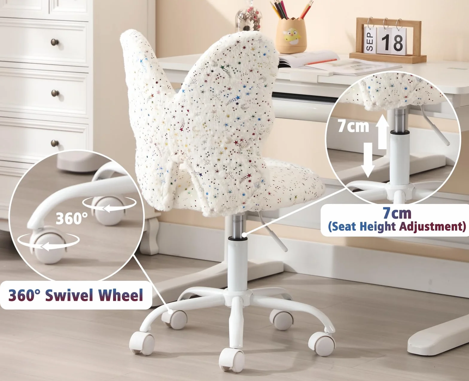 chairus Silla de Escritorio Infantil de Lana Sintética Silla Giratorio de Estudio con Forma de Mariposa, Silla Estudiante Habitación con Ruedas Silenciosas para Niños/Juvenil, Blanco