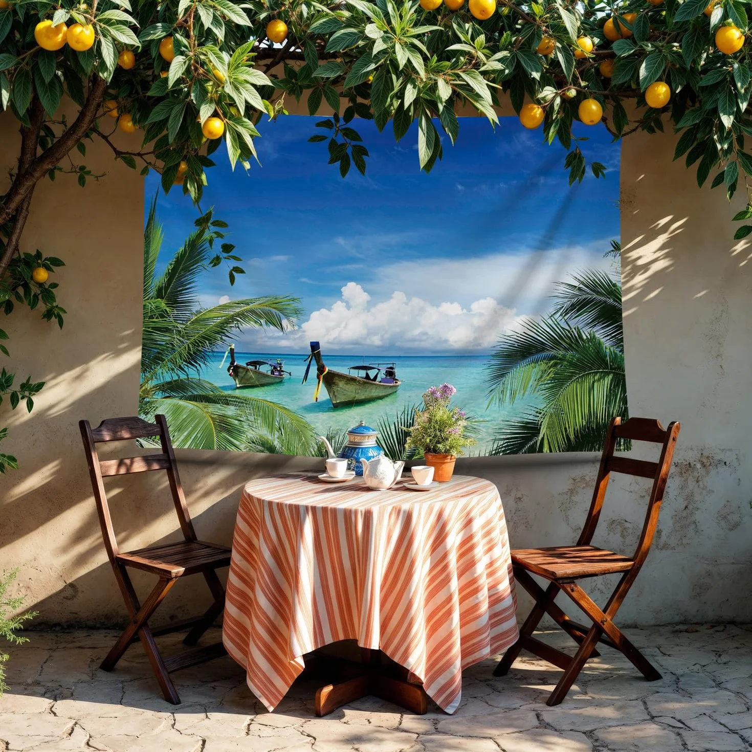 Ulticool – Playa mar barco palmera naturaleza – Tapiz mural póster – 200 x 150 cm – Póster de jardín – Gran tapiz de pared – Accesorio de decoración para jardín y salón
