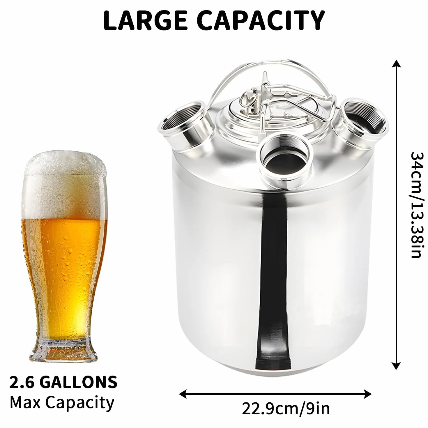 Barril de Limpieza de Cerveza de Acero Inoxidable, 10L 3 Cabezales Recipiente de Limpieza de Cerveza con Tapa, Apto para barriles de A y G y S, para Cerveza Casera, Bar de Hotel