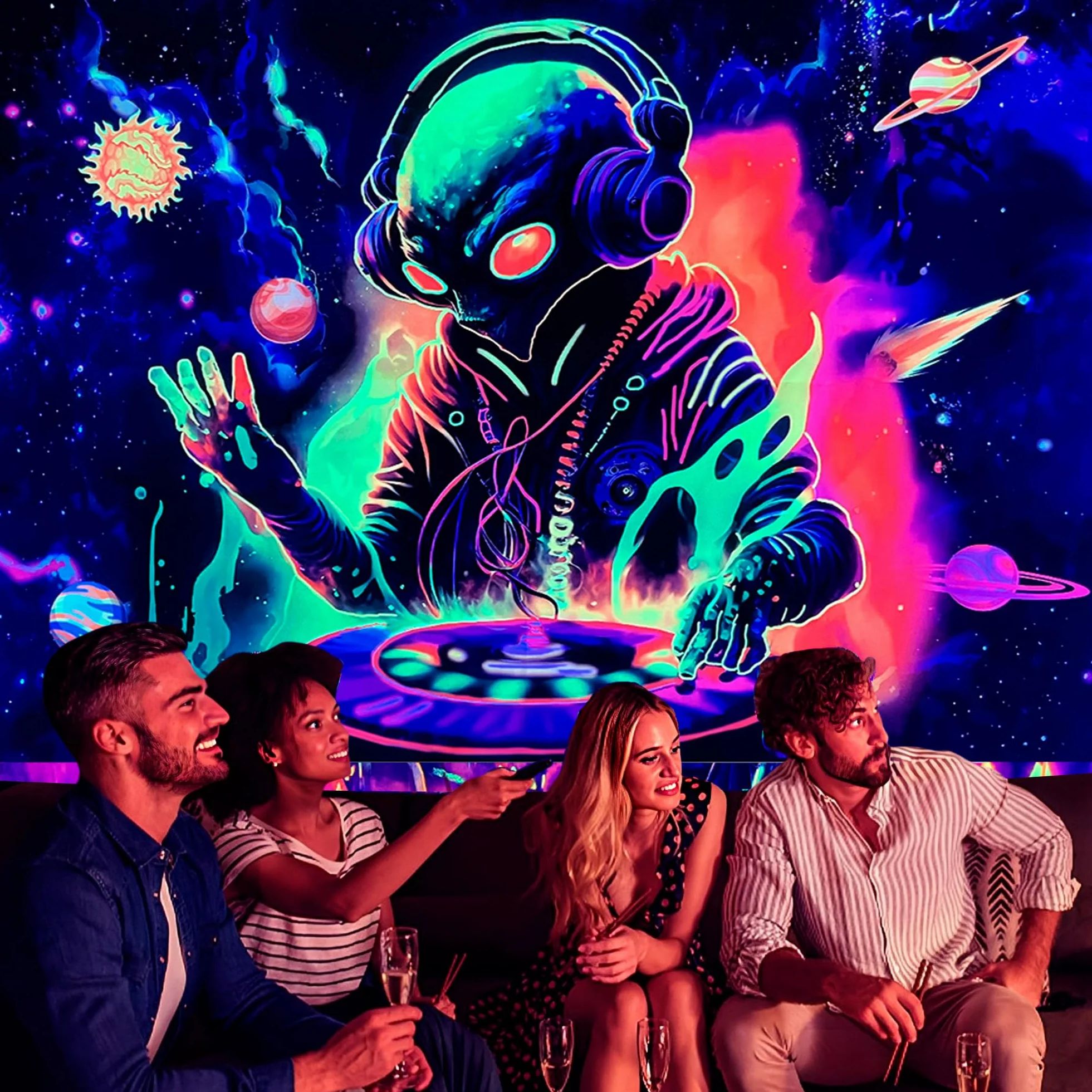 OSVINO Tapiz Extraterrestre 130x150CM UV Reactivo Decoración Pared Dormitorio Luna Sol Planetas Alienígena