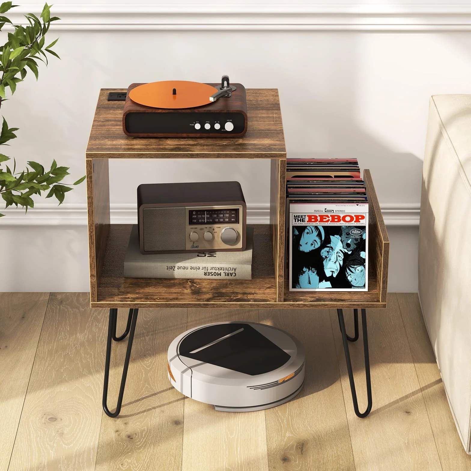 KOMFOTTEU Soporte para Tocadiscos con Estación de Carga, Estantería para Discos de Vinilo, Mesa Auxiliar para 145 Álbumes, Marrón