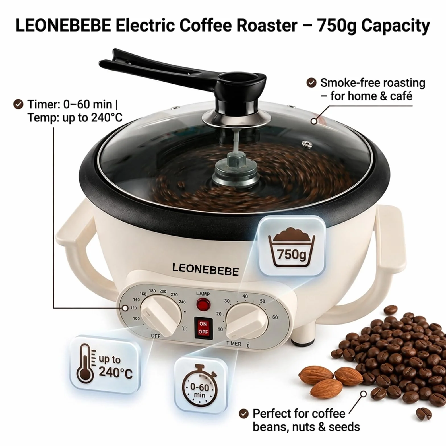 Tostadora eléctrica de café 750 g temperatura ajustable para hogar cafetería