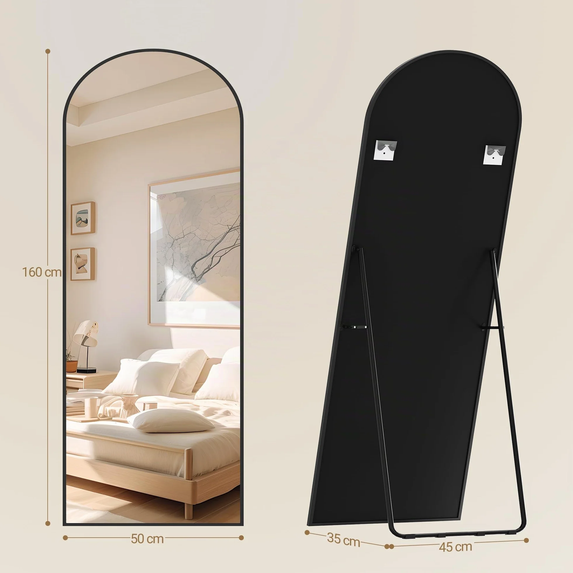 Hzuaneri Espejo de Cuerpo Entero, 160 x 50 cm, Espejo Arqueado con Soporte, con Marco de Aleación de Aluminio, Cristal Templado, Se Puede Montar en la Pared, para Dormitorio, Salón, Negro DM41999B